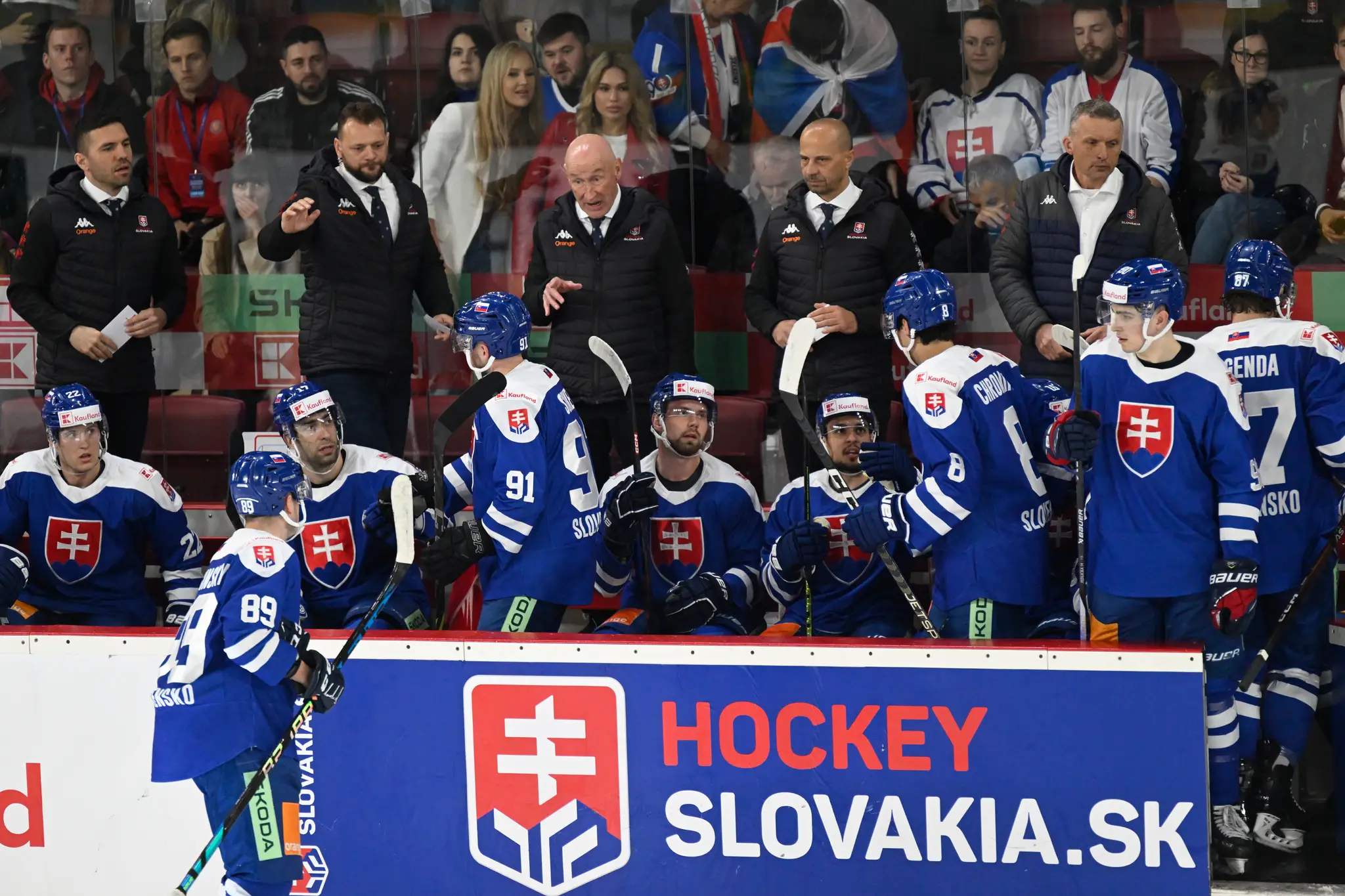 Na snímke uprostred v pozadí tréner slovenskej hokejovej reprezentácie Craig Ramsay.