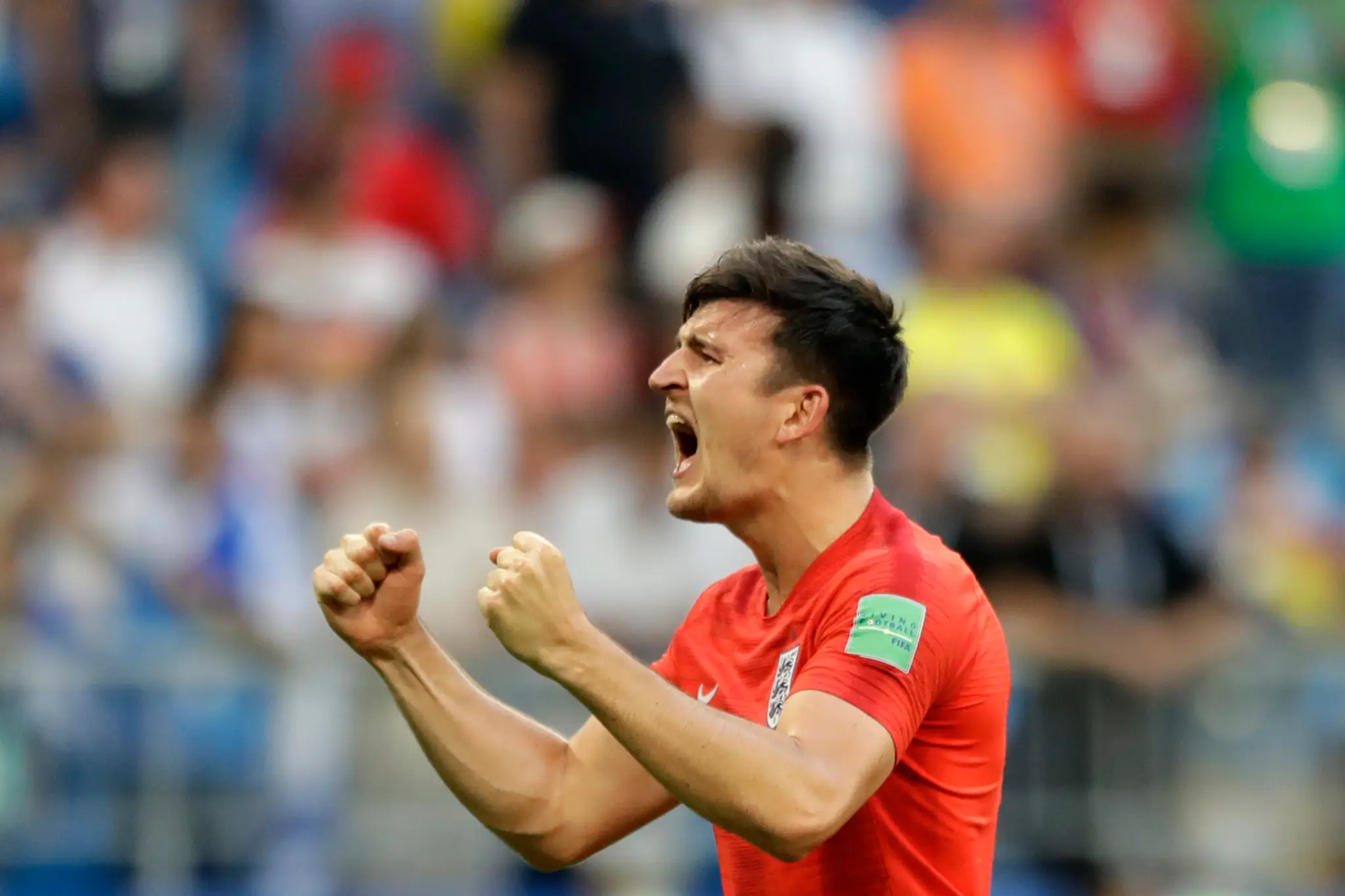 Radosť Angličana Harryho Maguirea po góle proti Švédsku vo štvrťfinále MS 2018.