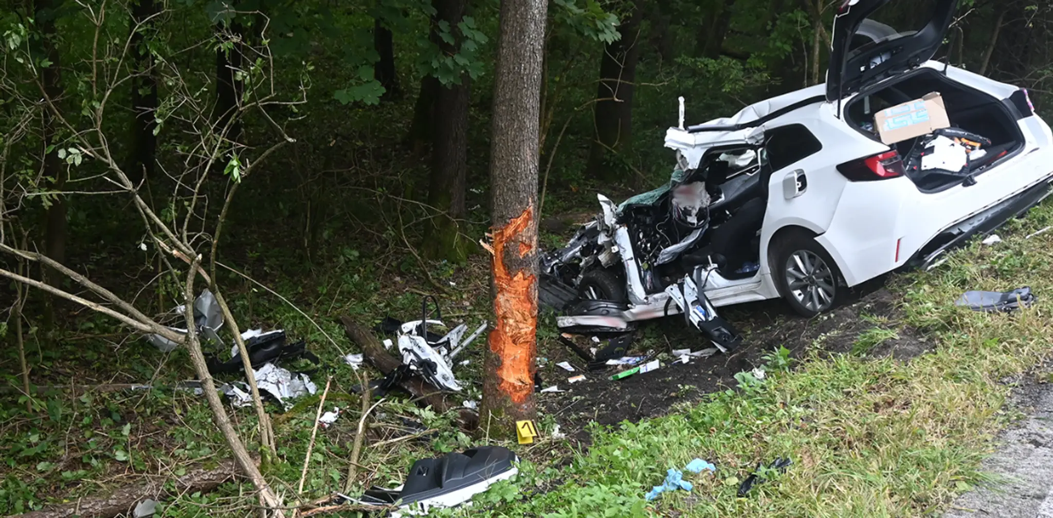 Zdemolované auto pri obci Kľačno po náraze do stromu.