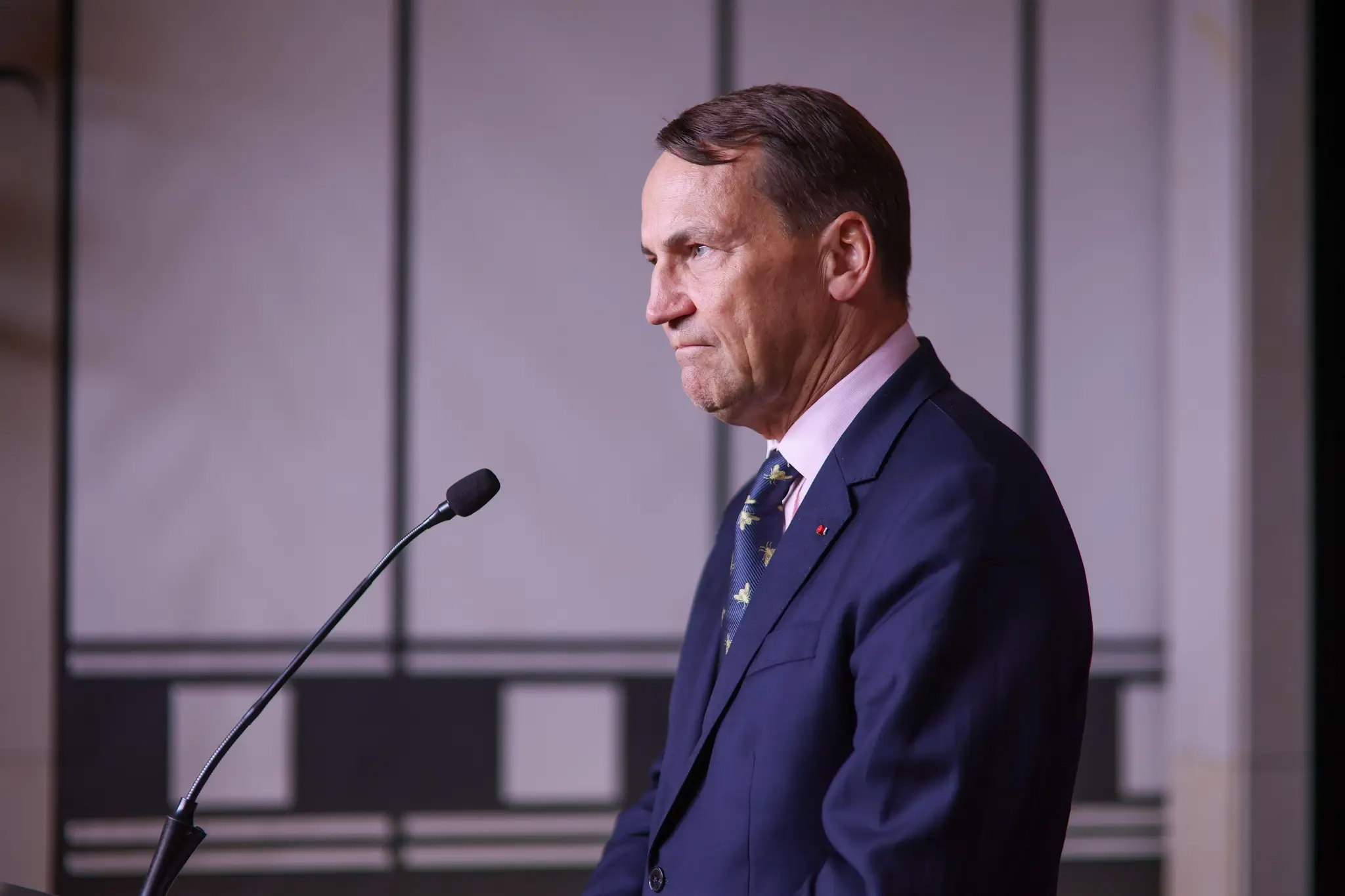 Na snímke poľský minister zahraničných vecí Radoslaw Sikorski počas tlačovej konferencie vo Varšave.