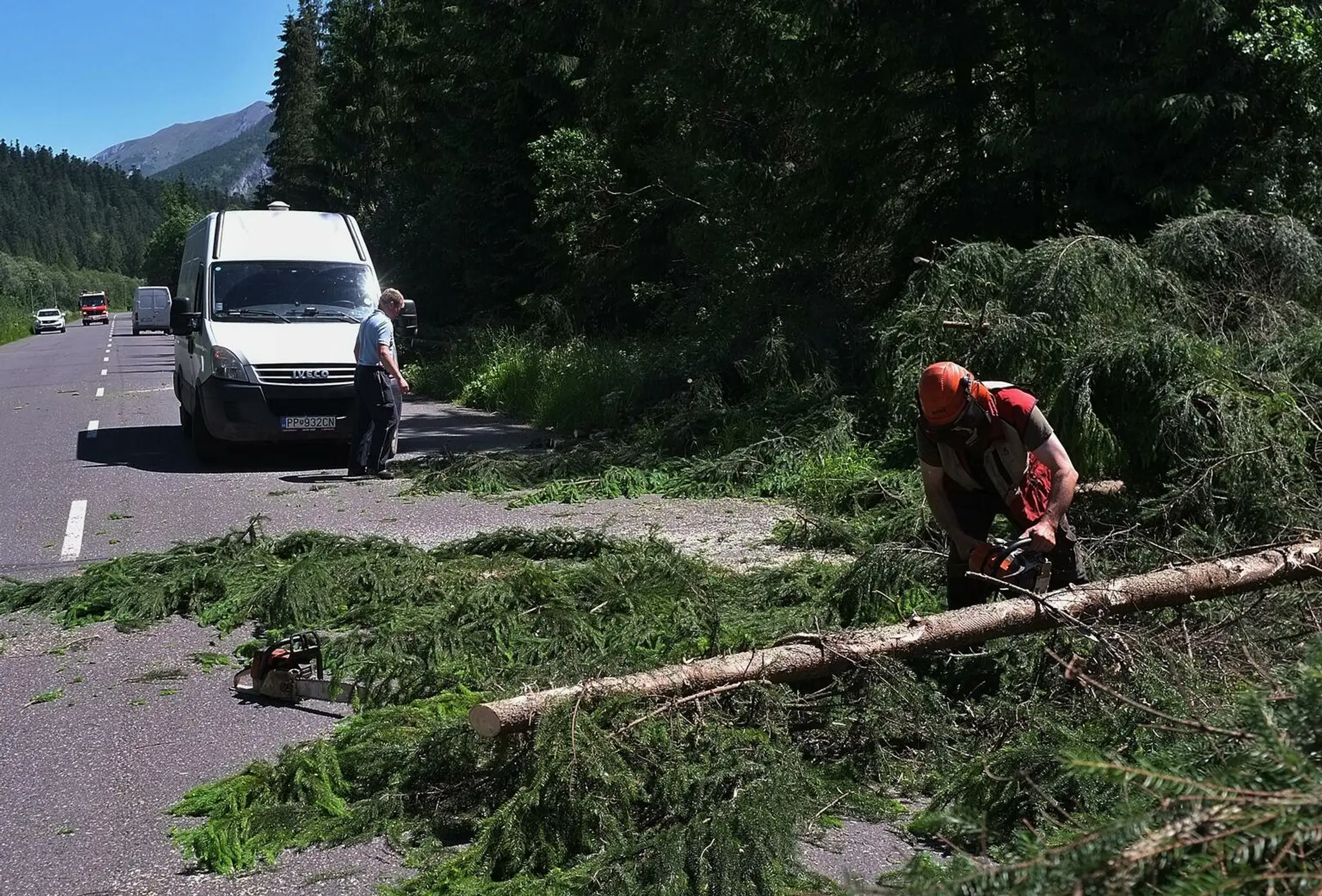 Na snímke hasiči a dobrovoľní hasiči zo Ždiaru odpratávajú popadané stromy z cesty