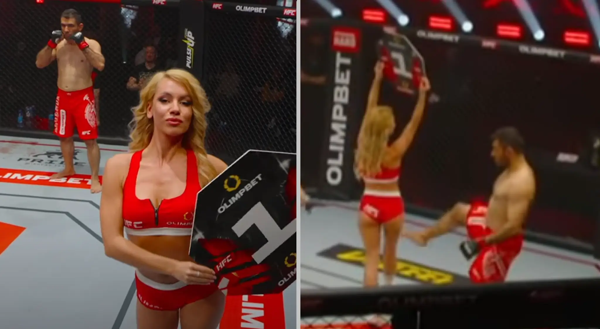 Iránsky bojovník kopol do zadku ring girl.