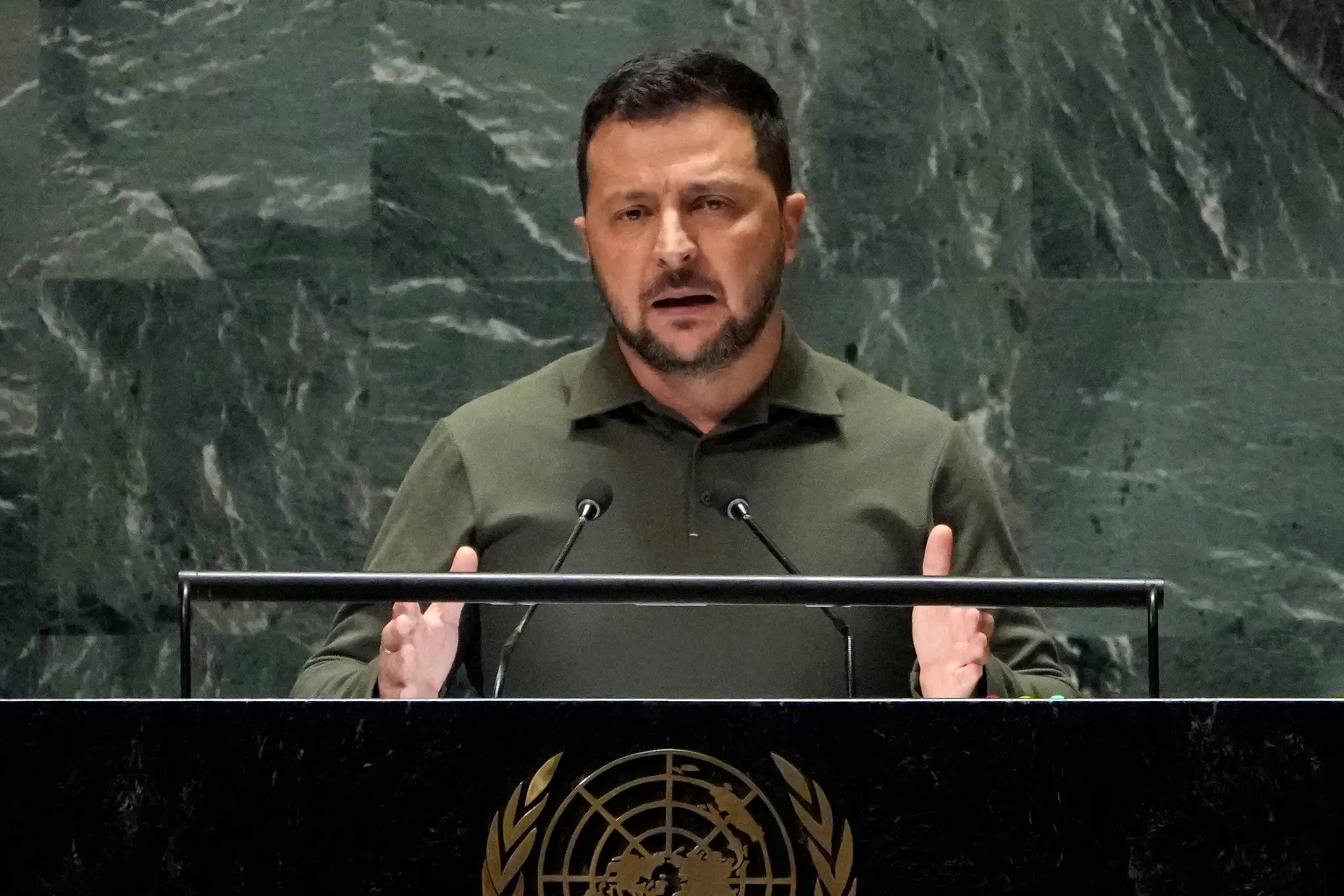 Ukrajinský prezident Volodymyr Zelenskyj počas prejavu v OSN.