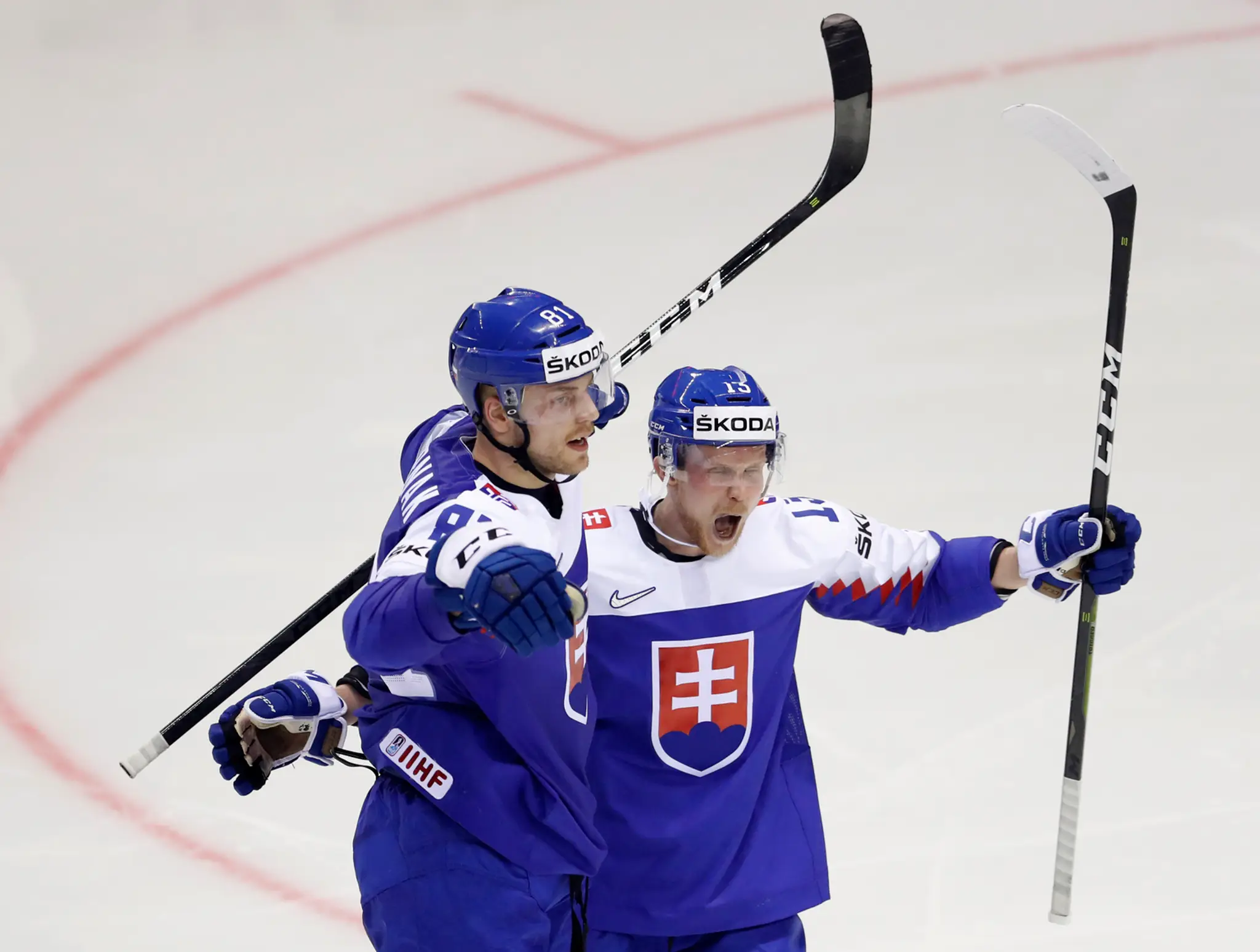 Slovenskí fanúšikovia sa radujú z gólu v zápase na MS 2019 proti USA.