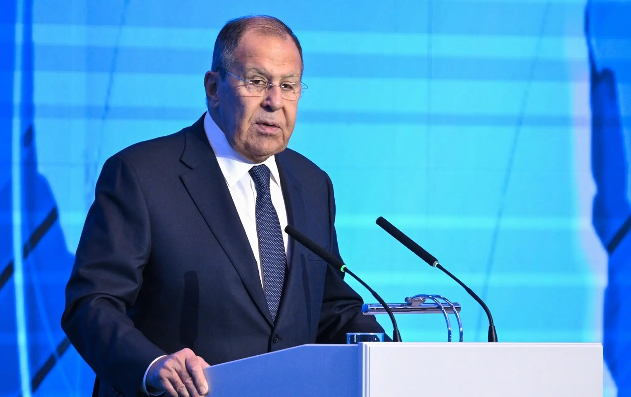 Šéf ruskej diplomacie Sergej Lavrov počas prejavu na 3. minskej medzinárodnej konferencii o eurázijskej bezpečnosti.