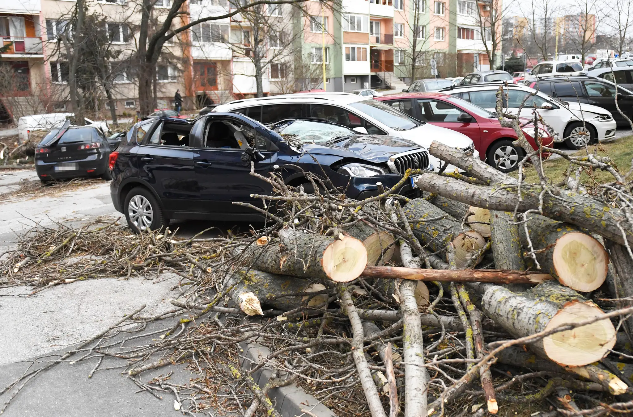 Na snímke zničené autá od vyvráteného stromu počas silného vetra na sídlisku Furča v Košiciach.