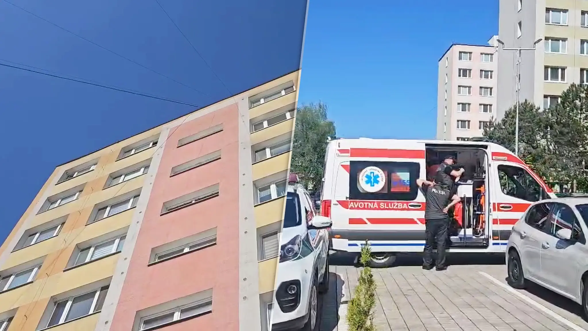 Na snímke miesto nešťastnej udalosti, kde vypadlo dievča z okna bytovky na 8. poschodí.