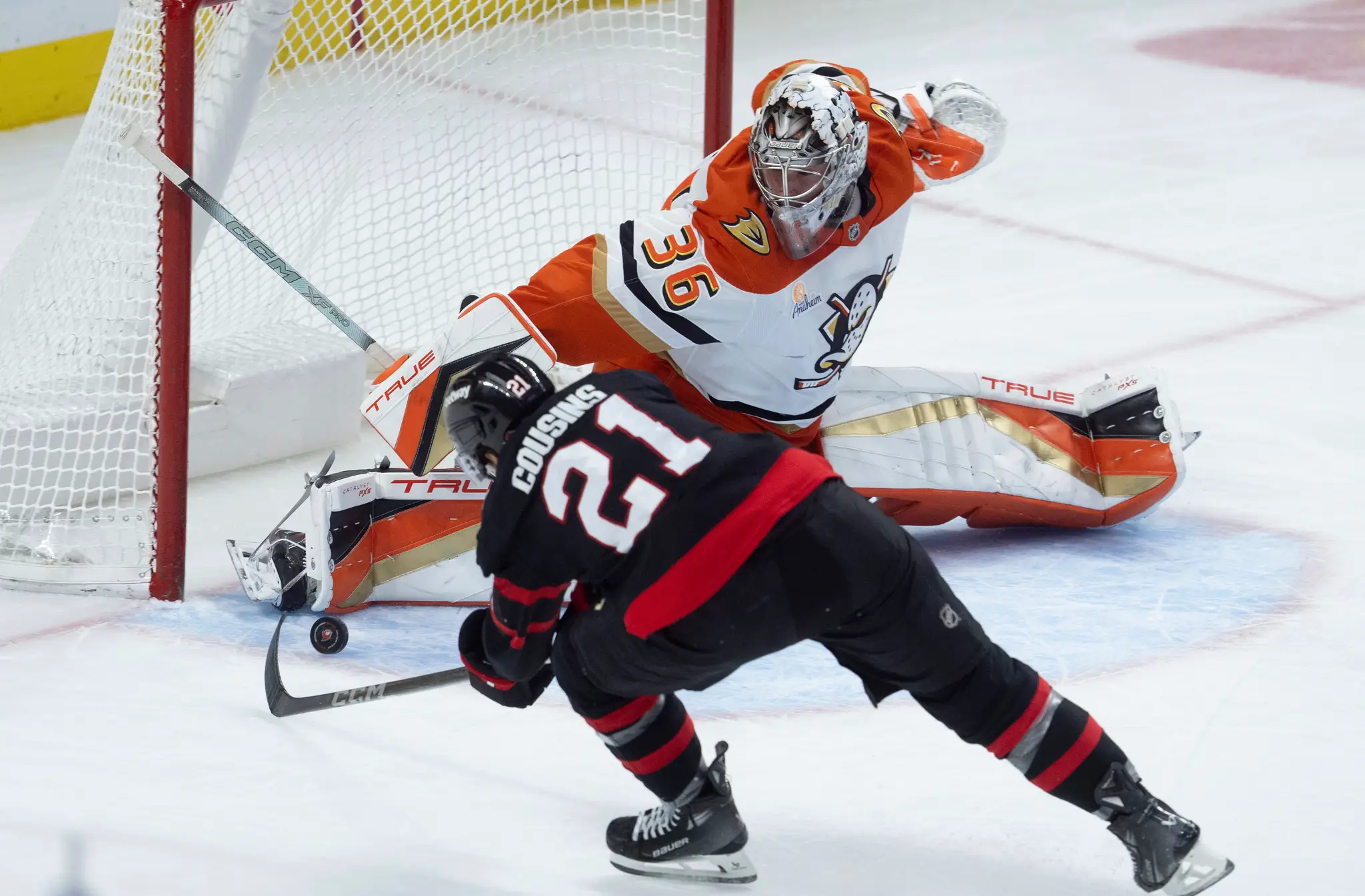 Hokejista Nick Cousins z Ottawy Senators a brankár John Gibson z Anaheimu Ducks.
