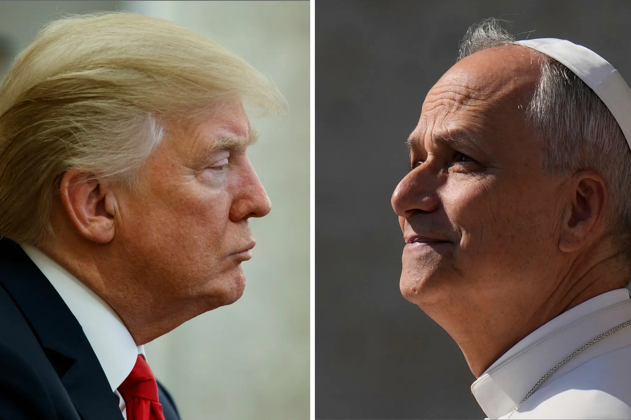 Na kombosnímke americký prezident Donald Trump (vľavo) počúva v Oválnej pracovni vo Washingtone 2. februára 2018 a pápež Lev XiV. (vpravo) sa usmieva počas pravidelnej audiencie na Námestí sv. Petra vo Vatikáne.