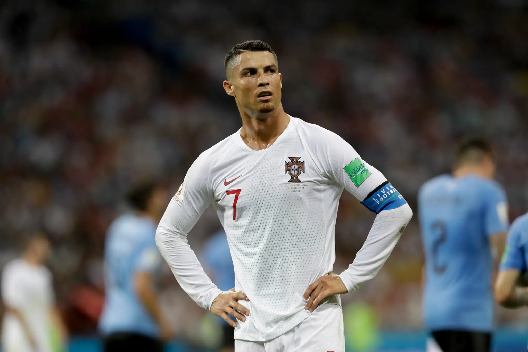 Portugalský kapitán Cristiano Ronaldo v zápase MS 2018 proti Uruguaju.