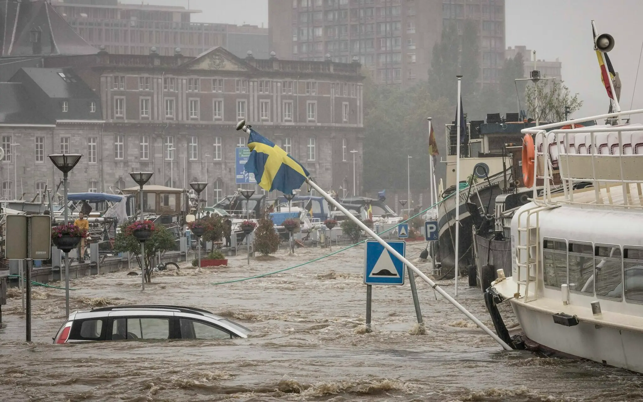 Povodne na rieke Mása v belgickom Liege.