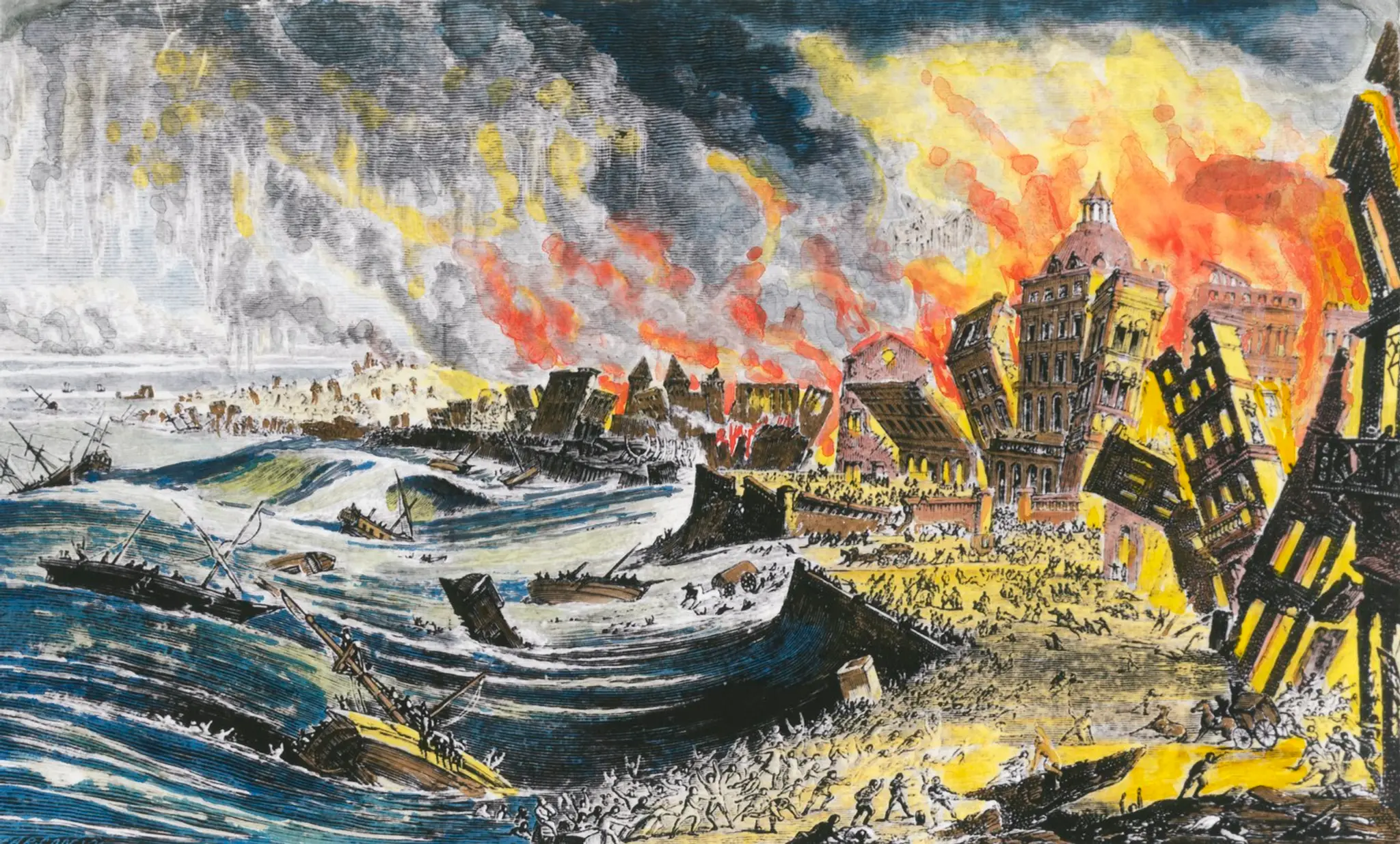 Umelecké zobrazenie skazy Lisabonu z roku 1755.