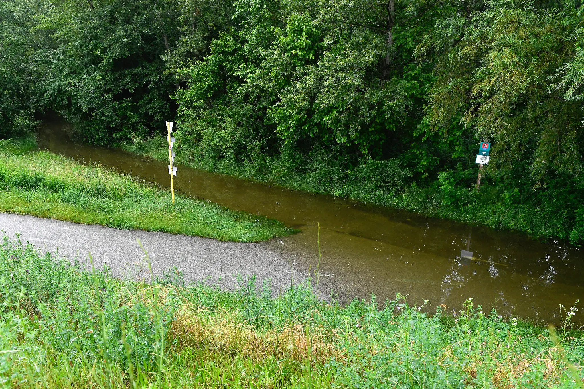 Vysoká hladina rieky Dunaj pod hradom Devín.
