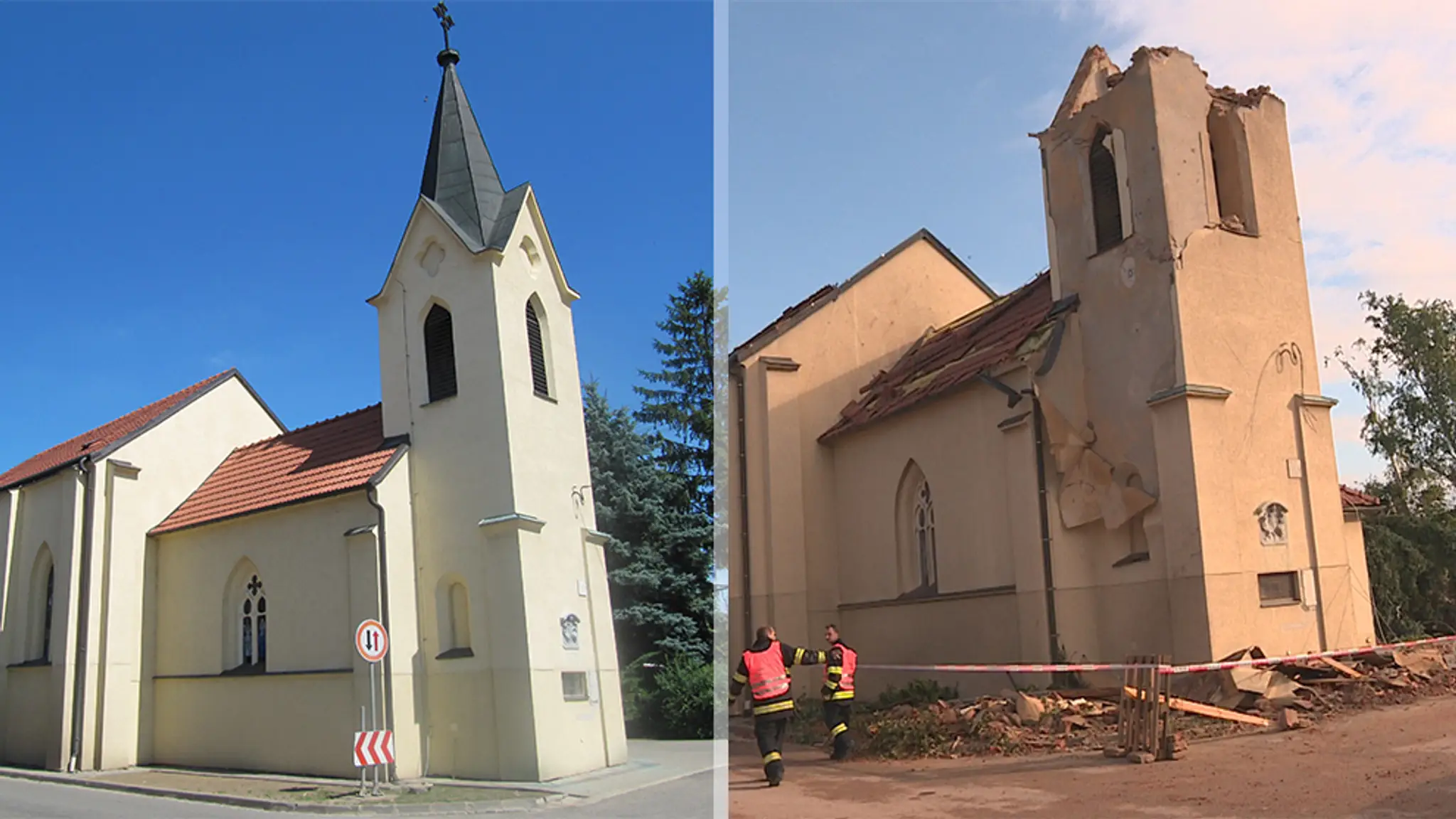 Zničený kostol v obci Hrušky.