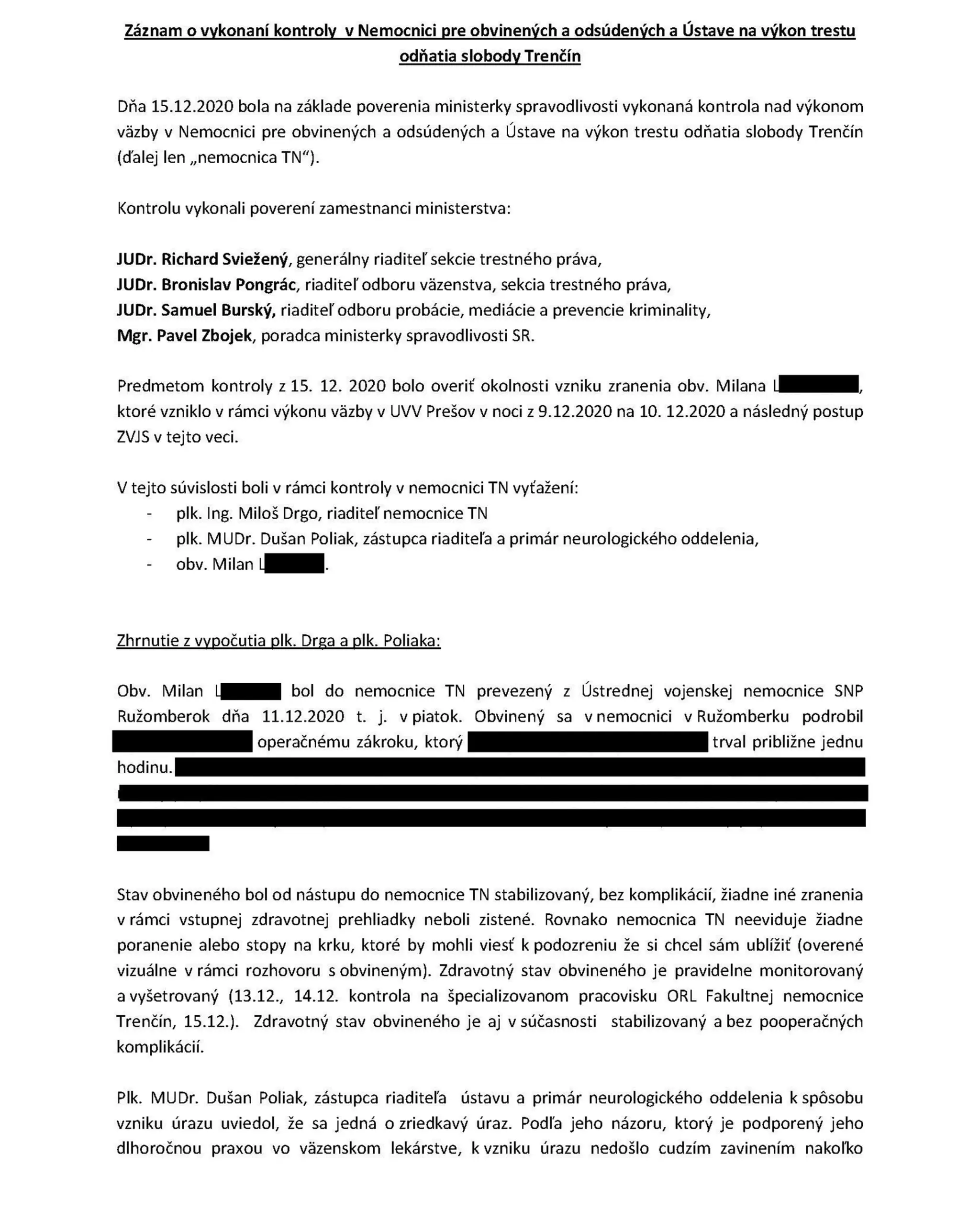 Záznam o kontrole v nemocnici v Trenčíne v prípade Milana Lučanského (3. časť)