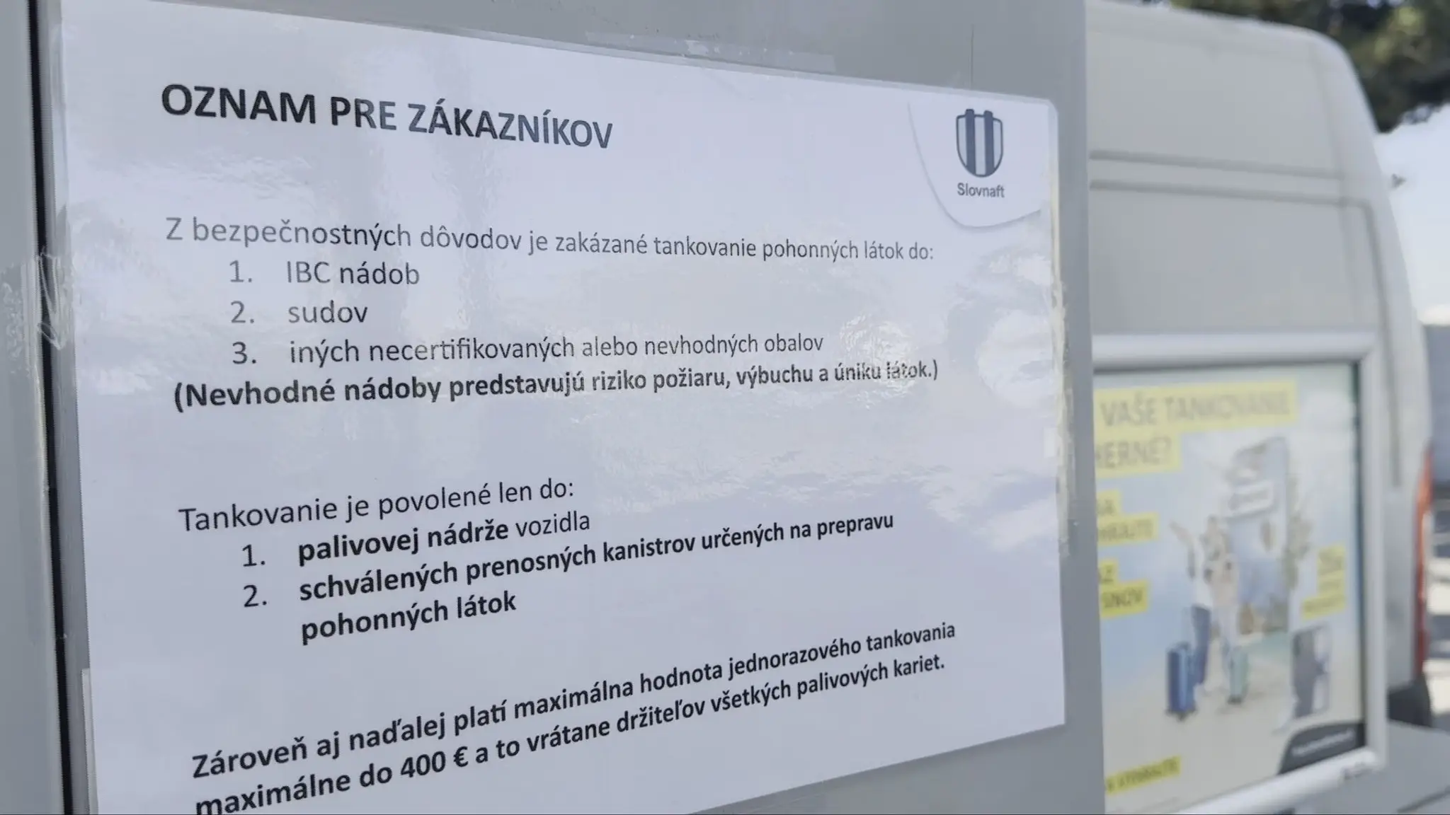 Oznam pre vodičov na pumpe