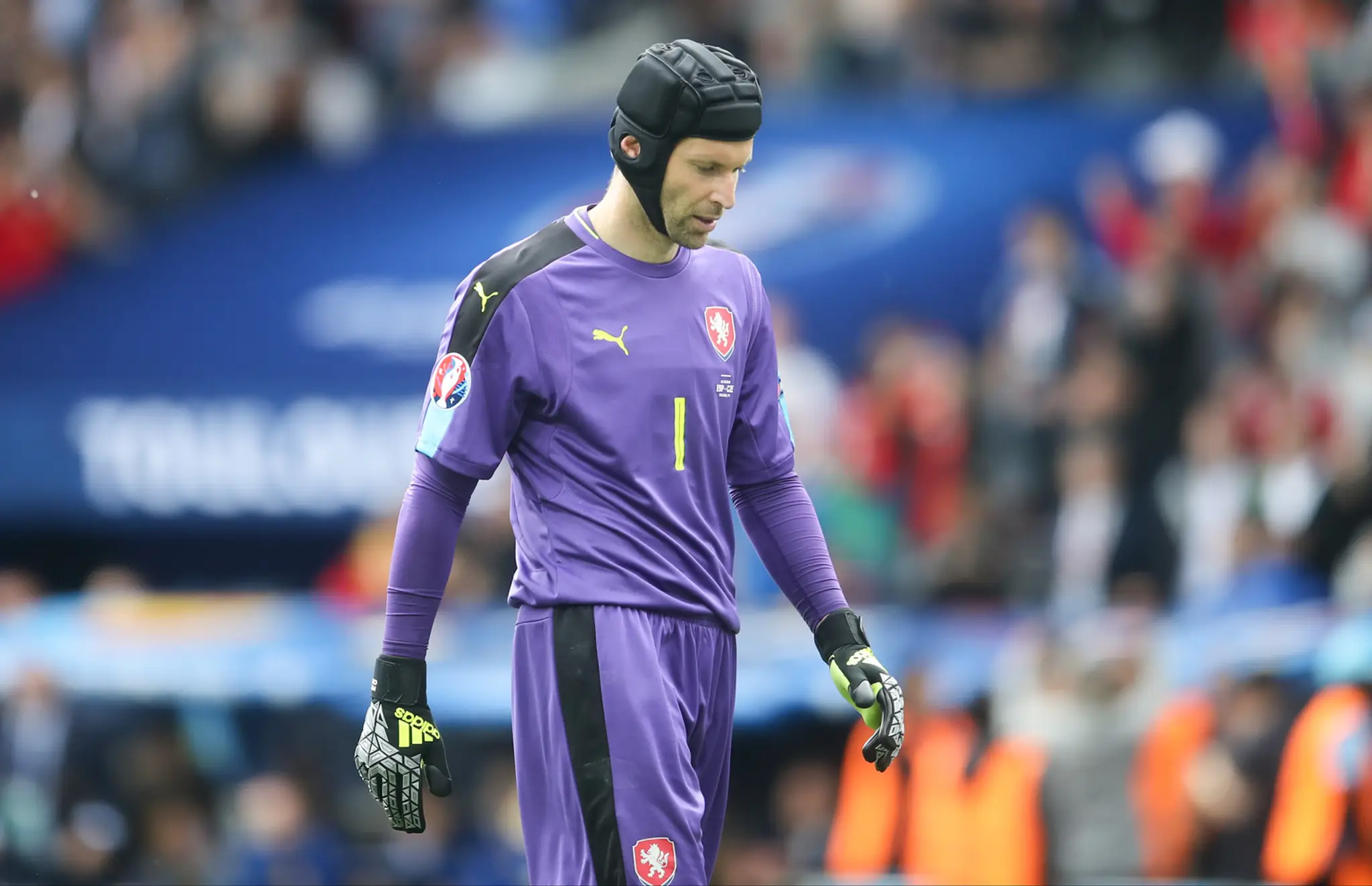 Český brankár Petr Čech reaguje po inkasovaní gólu v zápase základnej D- skupiny Španielsko - Česká republika