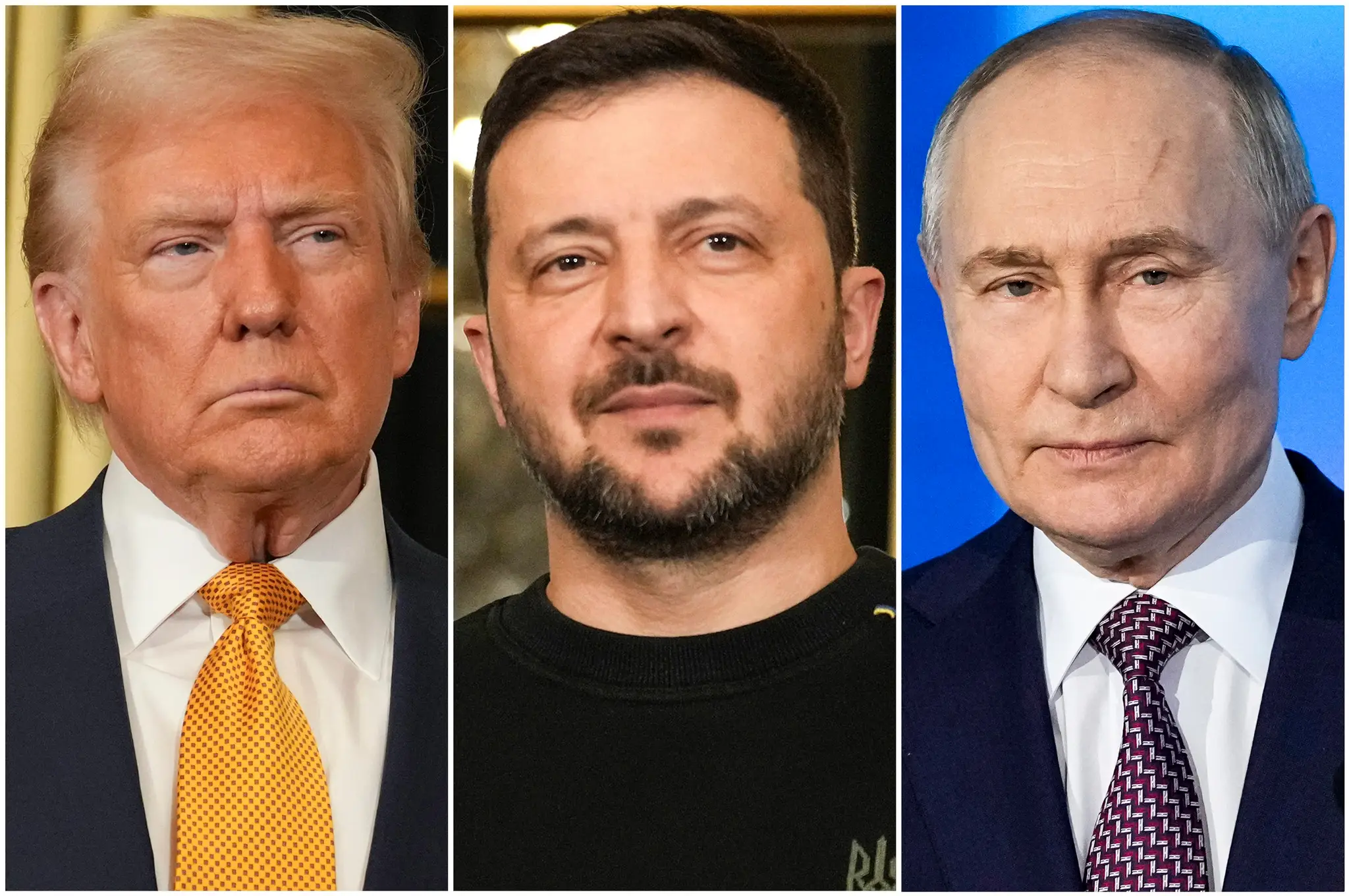 Sprava Vladimir Putin, Volodymyr Zelenskyj a Donald Trump.