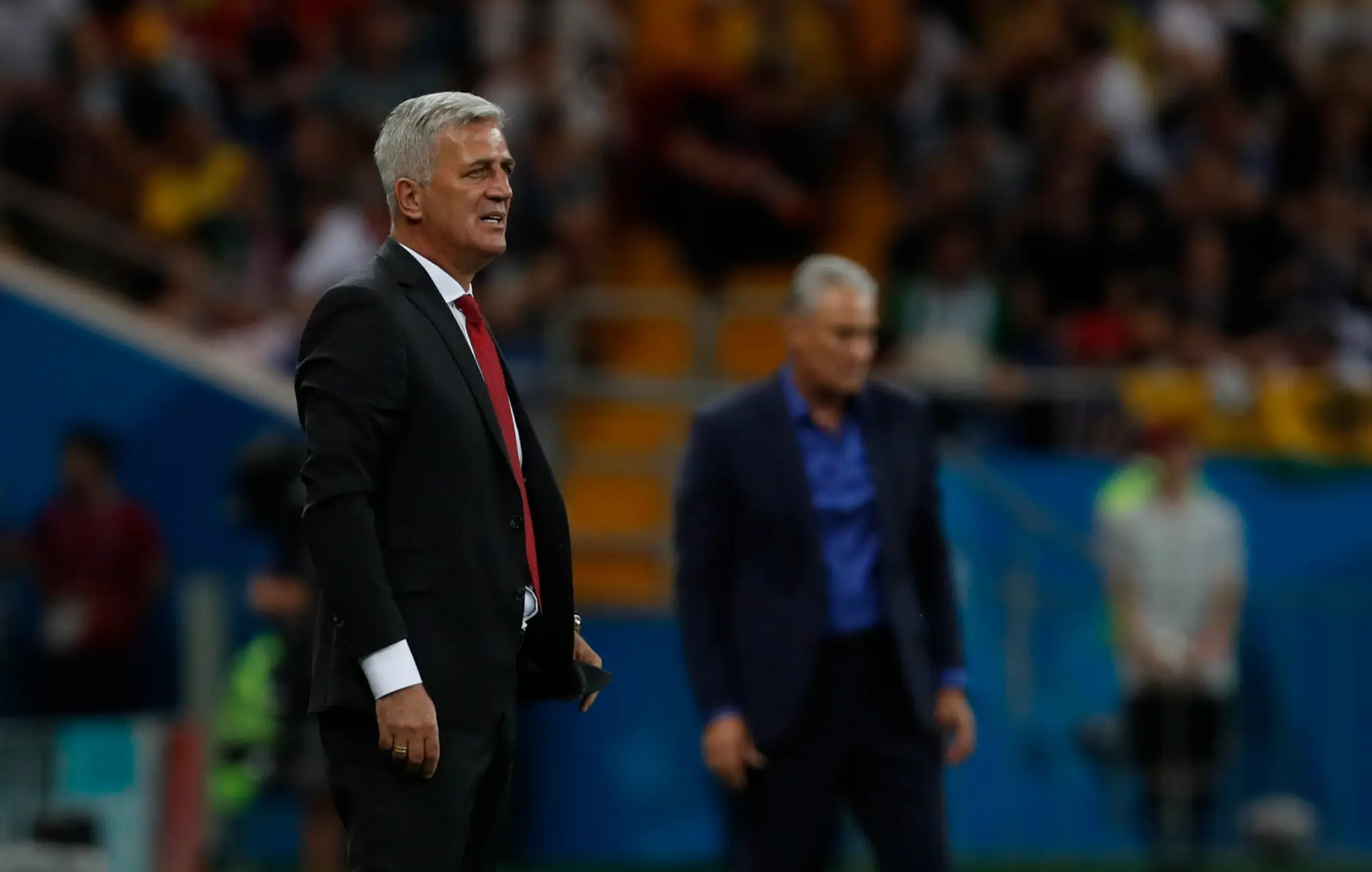 Švajčiarsky kouč Vladimir Petkovič v zápase MS 2018 proti Brazílii.