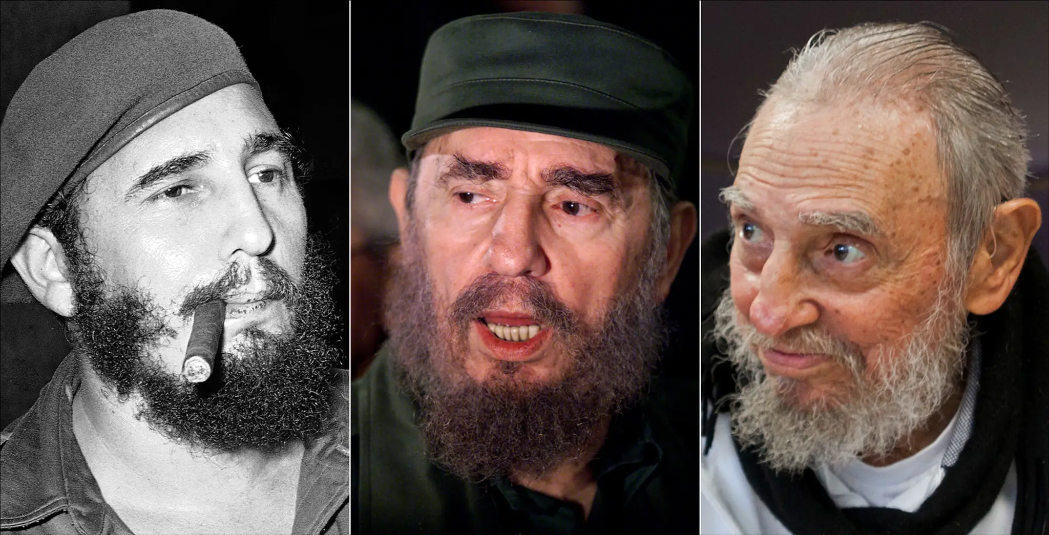 Na kombosnímke je Fidel Castro - zľava rok 1961, reční k novinárom vo Washingtone rok 2000 a na poslednej foto je vo svojom dome