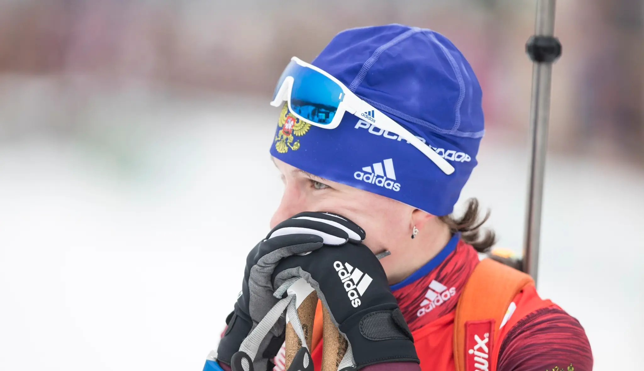 Na snímke ruská biatlonistka Anastasia Zagoruiková  v cieli rýchlostných pretekov žien v biatlone v IBU Cupe v Osrblí.