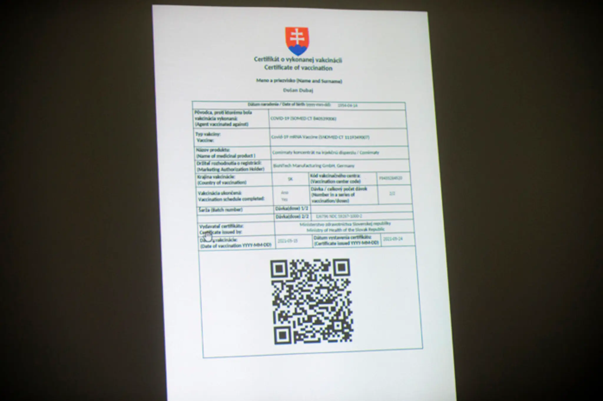 Certifikát o očkovaní.
