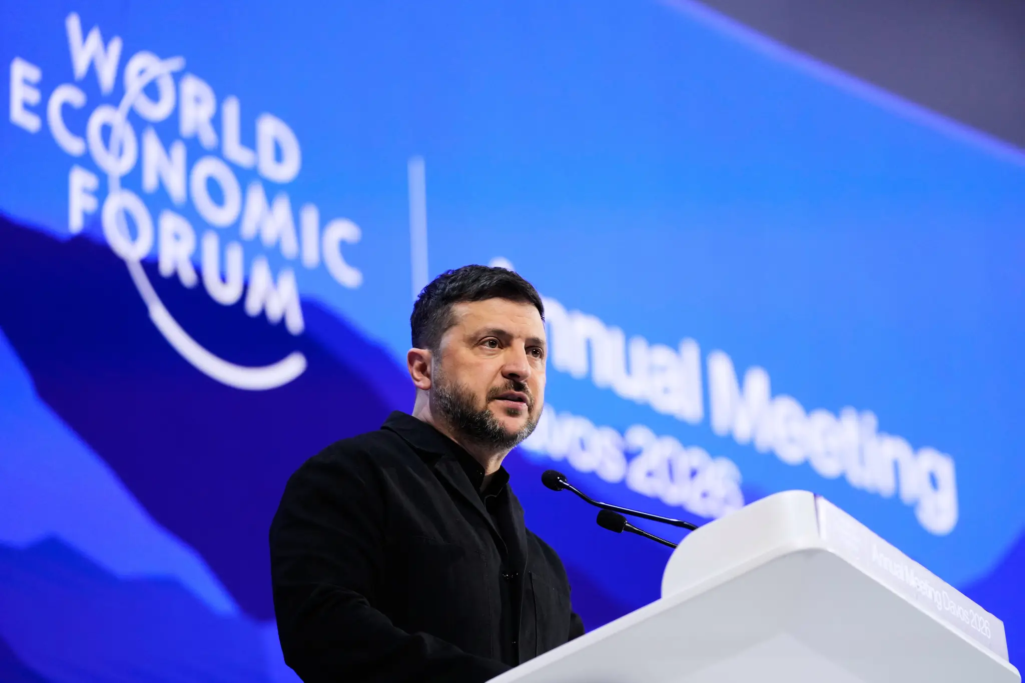 Volodymyr Zelenskyj počas prejavu v Davose.