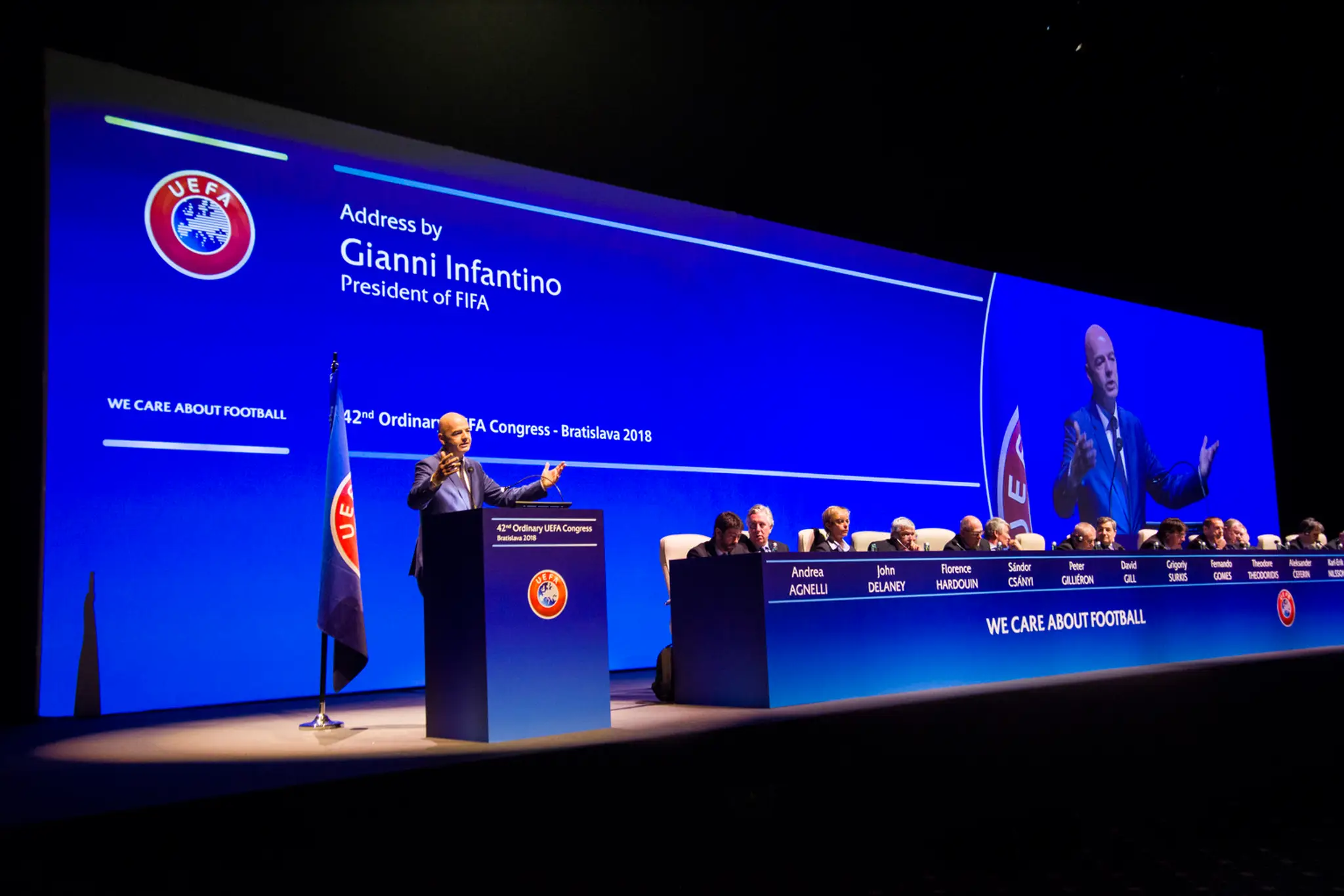 Na snímke prezident Medzinárodnej futbalovej federácie Gianni Infantino počas úvodného príhovoru na 42. riadnom Kongrese UEFA.