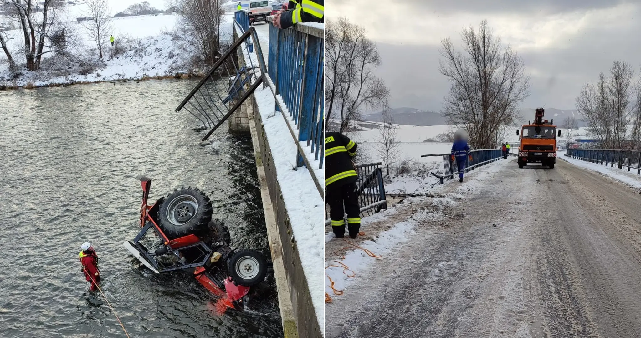 Traktor sa po zrážke zrútil z mosta do rieky.