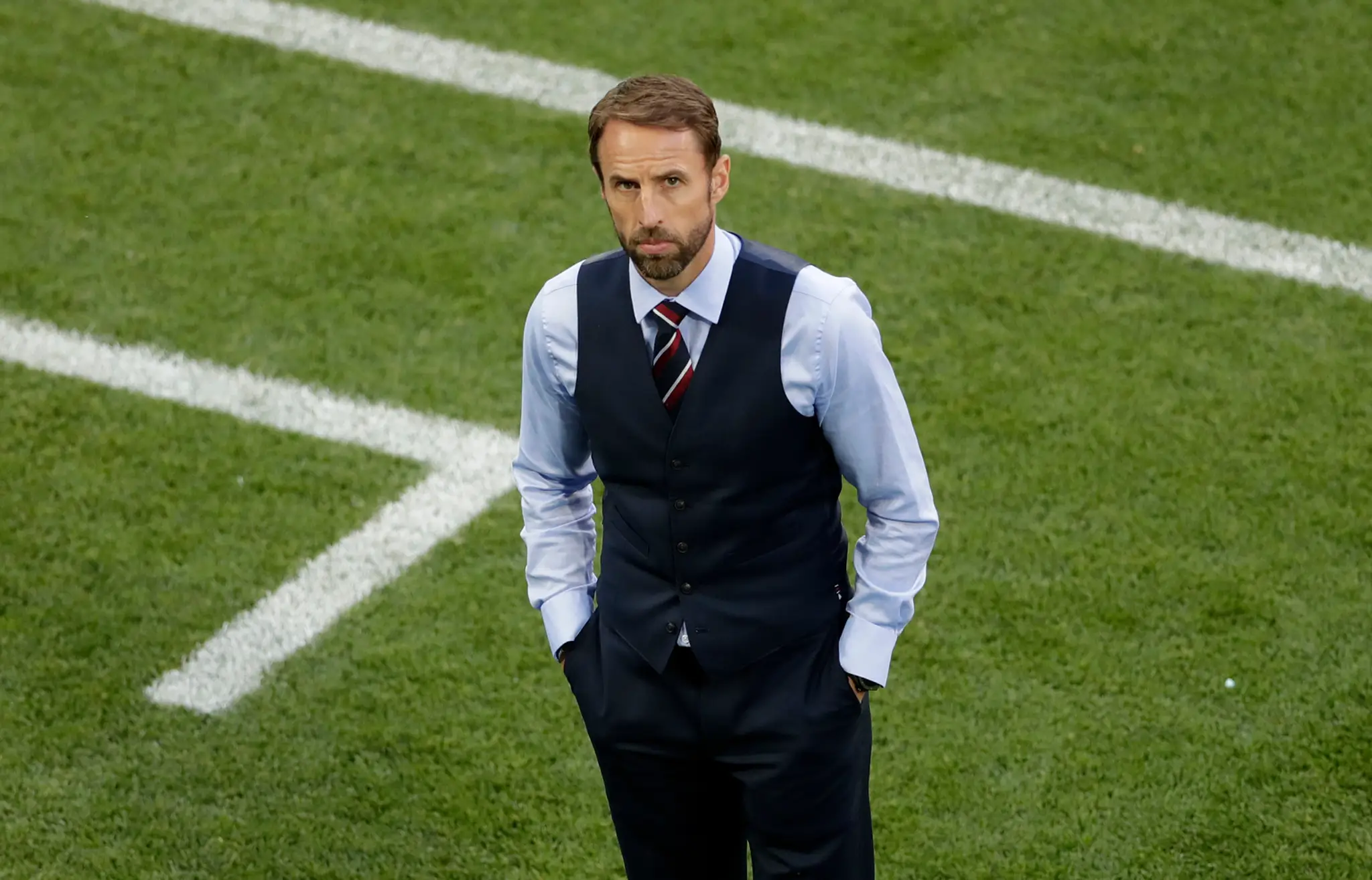 Kouč Anglicka Gareth Southgate pred zápasom s Belgickom na MS 2018. 