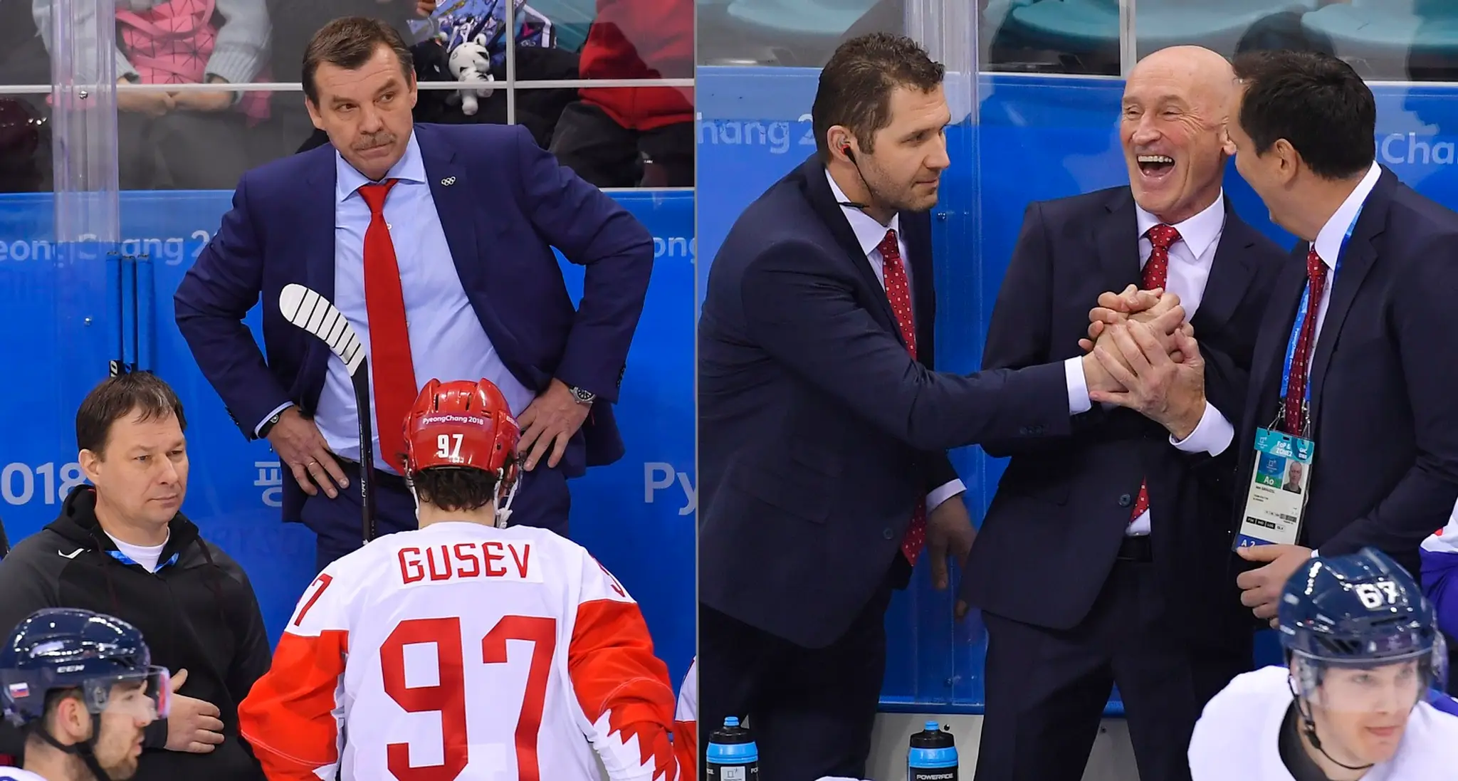 Radosť slovenských hráčov po víťazstve v zápase s Olympijskými športovcami z Ruska na ZOH 2018.