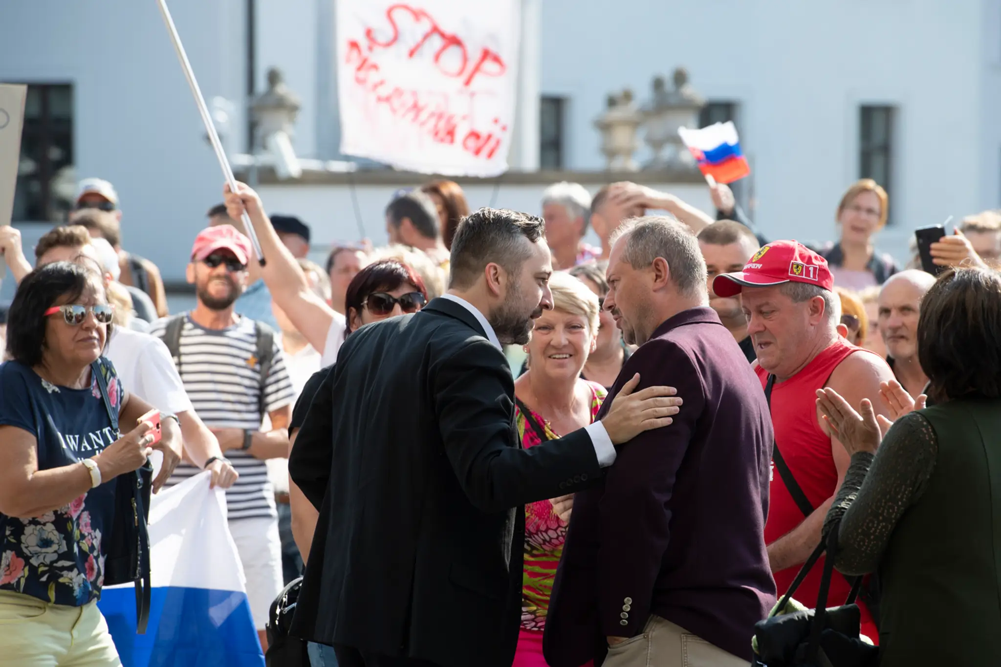 Na snímke počas protestu predseda ĽSNS Marian Kotleba a poslanec Ľuboš Blaha