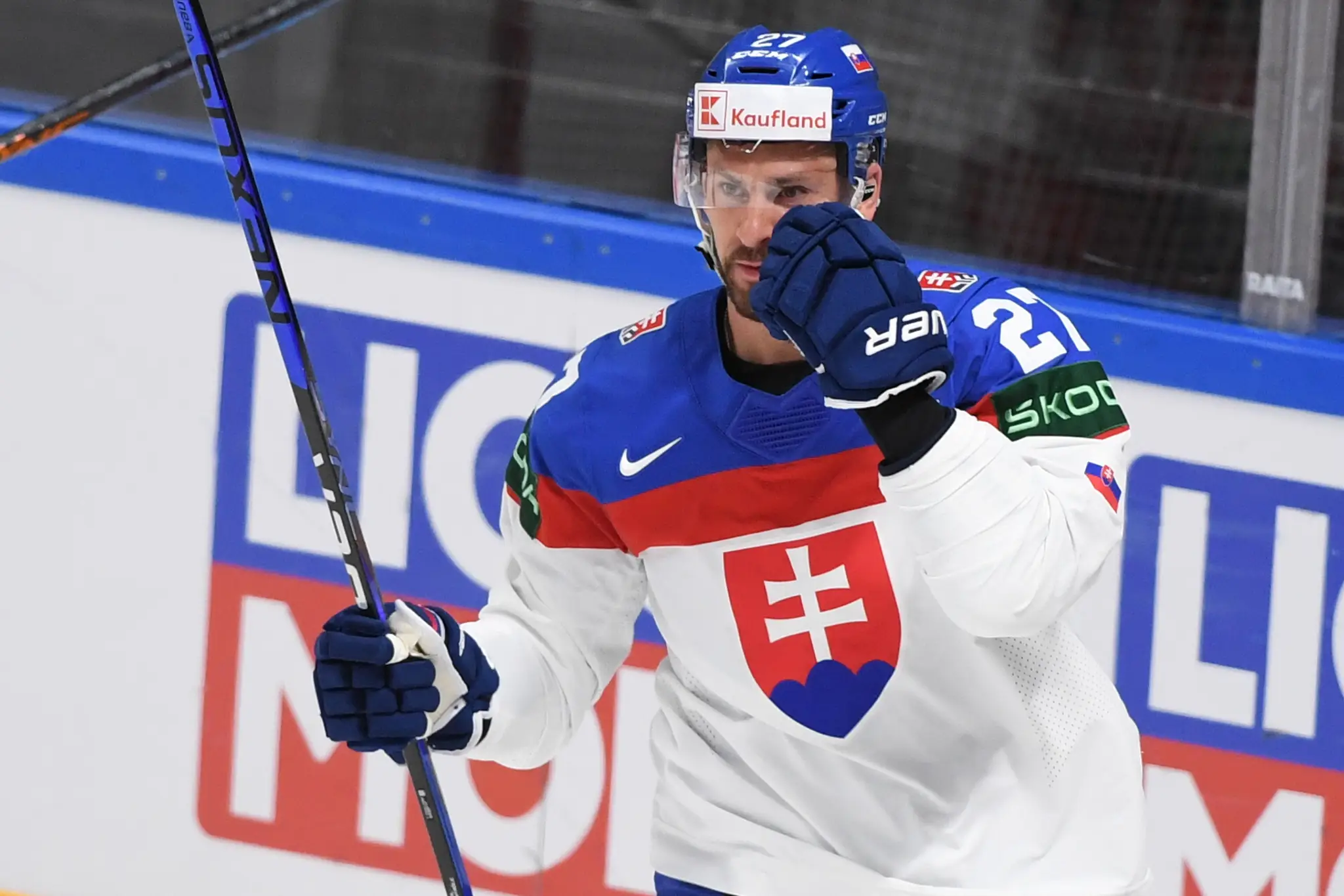 Marek Hrivík (Slovensko) sa teší z gólu na 1:0 v zápase s Nórskom na MS 2023.