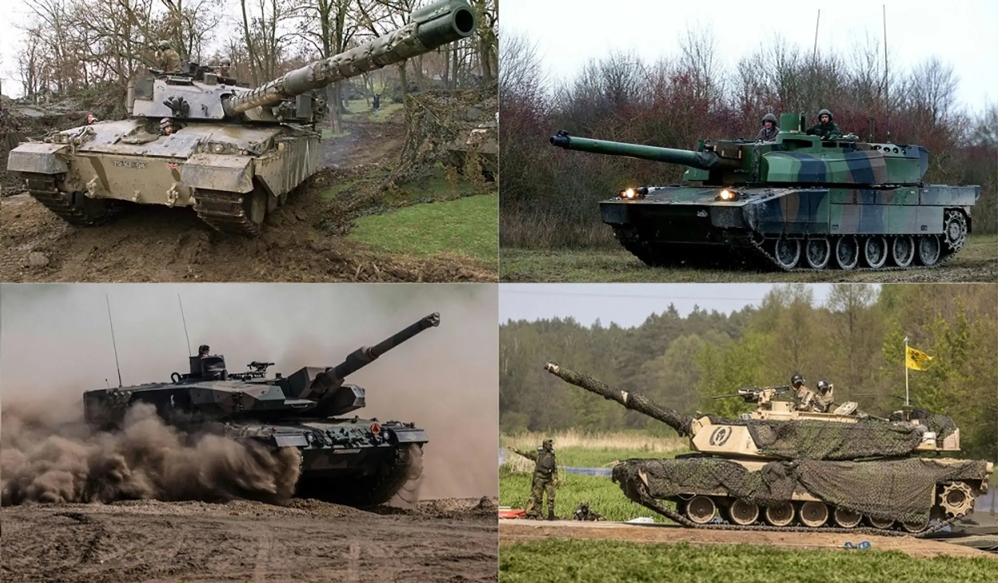 Britský tank Challenger 2 (vpravo hore), francúzsky Leclerc (vľavo hore), nemecký Leopard 2 (vľavo dole) a americký Abrams M1 (vpravo dole).
