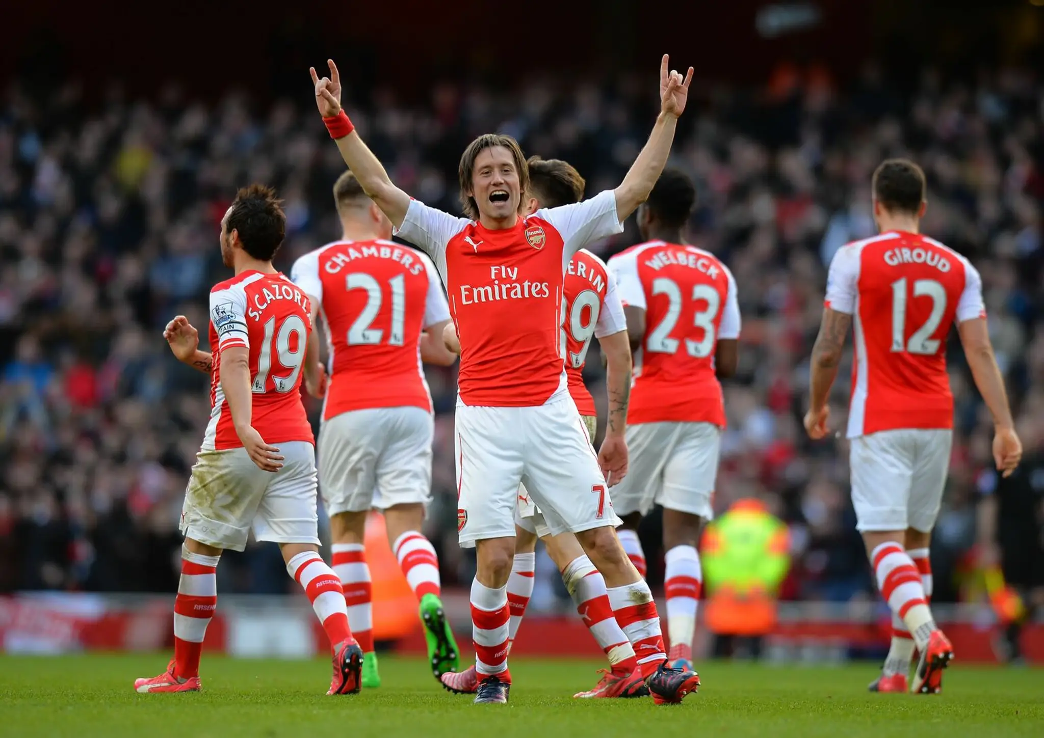 Tomáš Rosický z Arsenalu oslavuje gól do siete Evertonu (marec 2015).