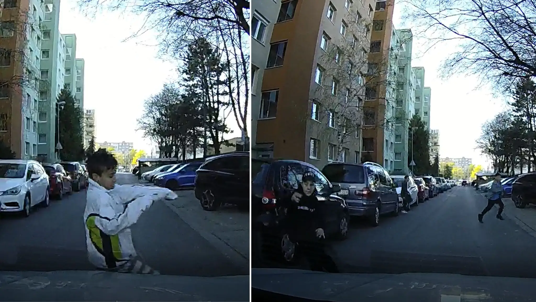 Deti utekajú pred idúce autá. 