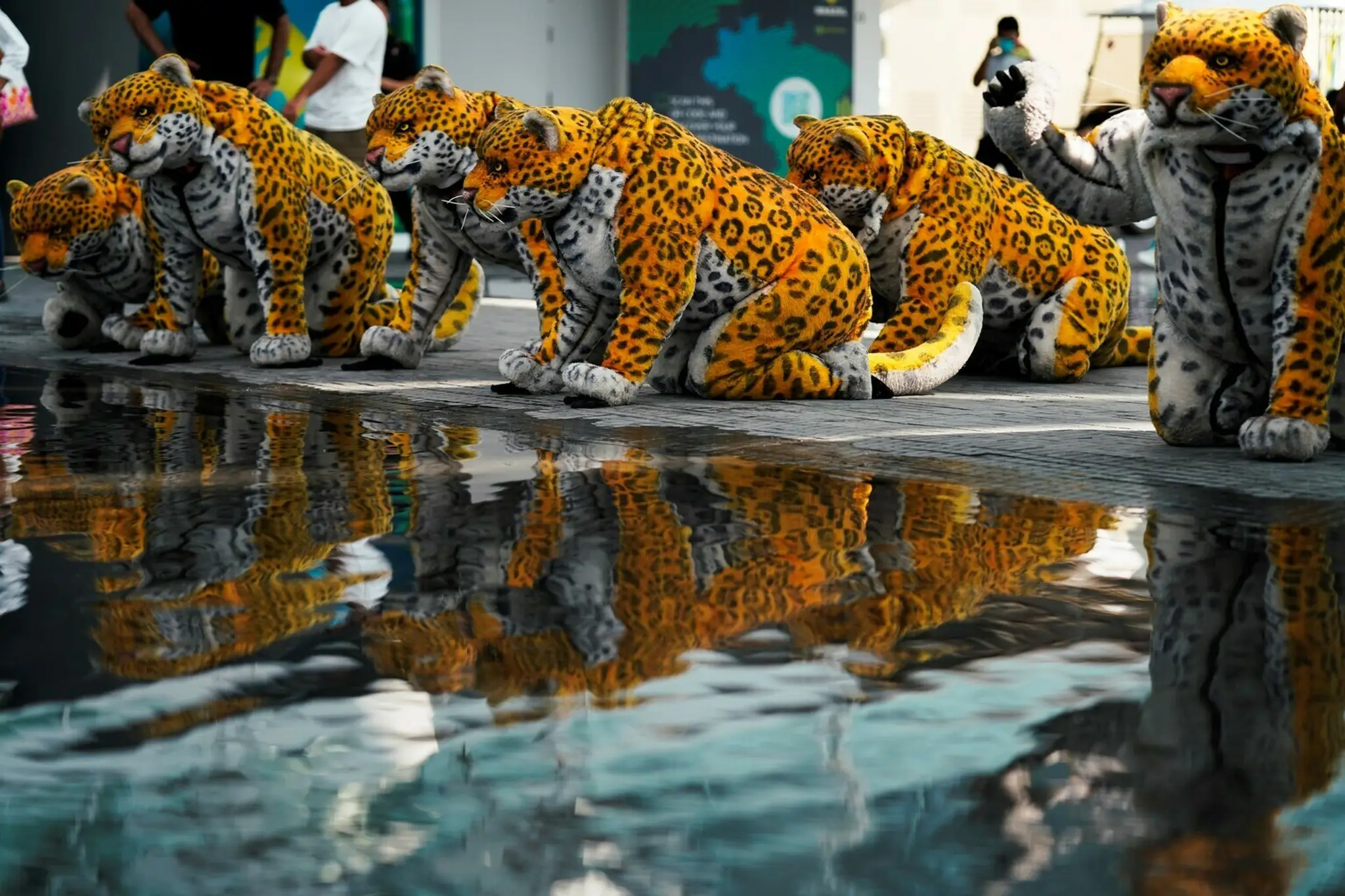 Skupina vystupujúcich prezlečená za jaguárov pózuje pri vode v pavilóne  Brazílie.