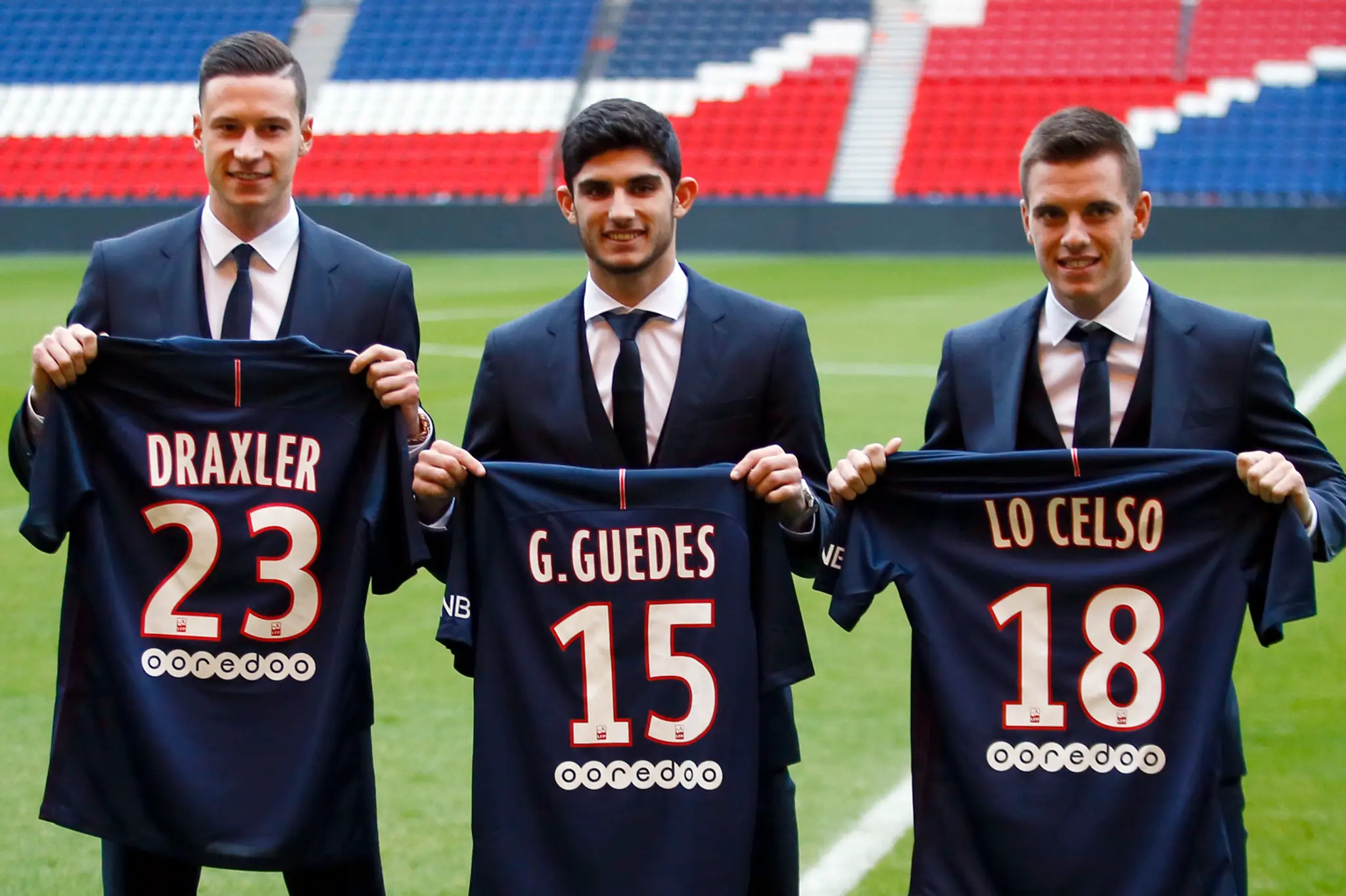 Nové posily PSG - zľava Julian Draxler, Goncalo Guedes a Giovani Lo Ceslo, ktorý sa vrátil z hosťovania.
