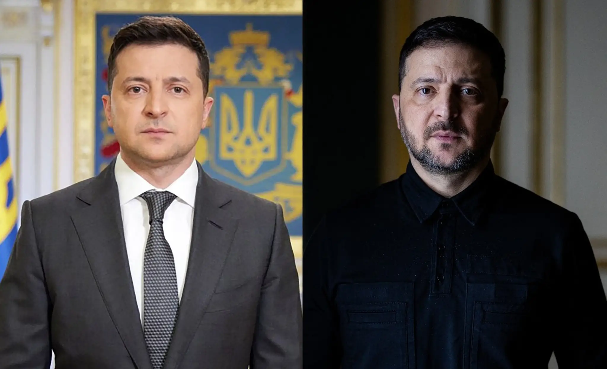 Rozdiel medzi fotkami je 5 rokov. Volodymyr Zelenskyj v apríli 2021 a februári 2026.