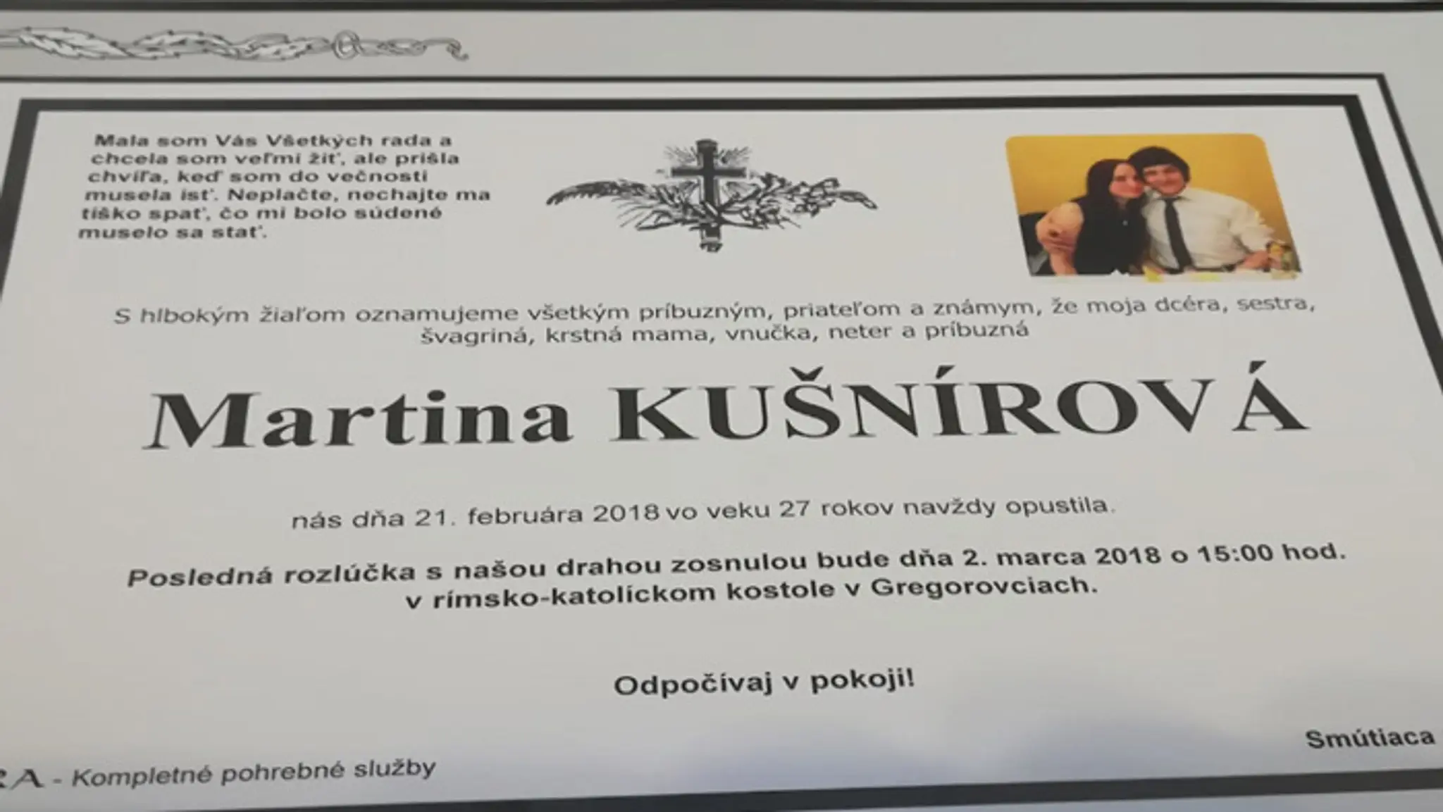 Smútočné oznámenie zavraždenej Martiny Kušnírovej, snúbenice Jána Kuciaka.