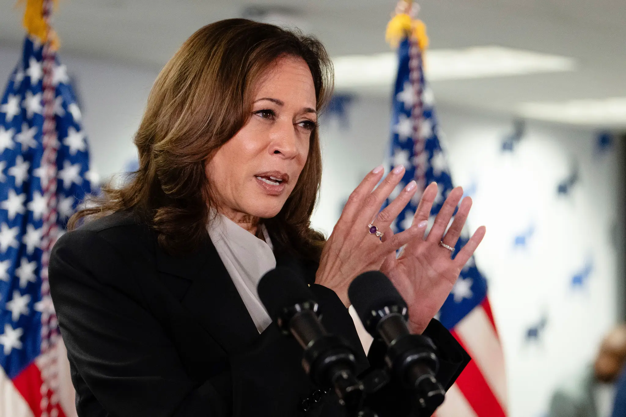 Americká viceprezidentka Kamala Harrisová hovorí počas prejavu k svojmu volebnému tímu.