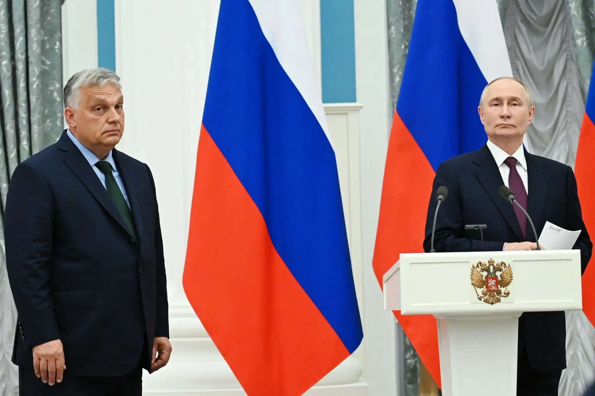 Maďarský premiér Viktor Orbán s ruským prezidentom Vladimirom Putinom v Kremli.