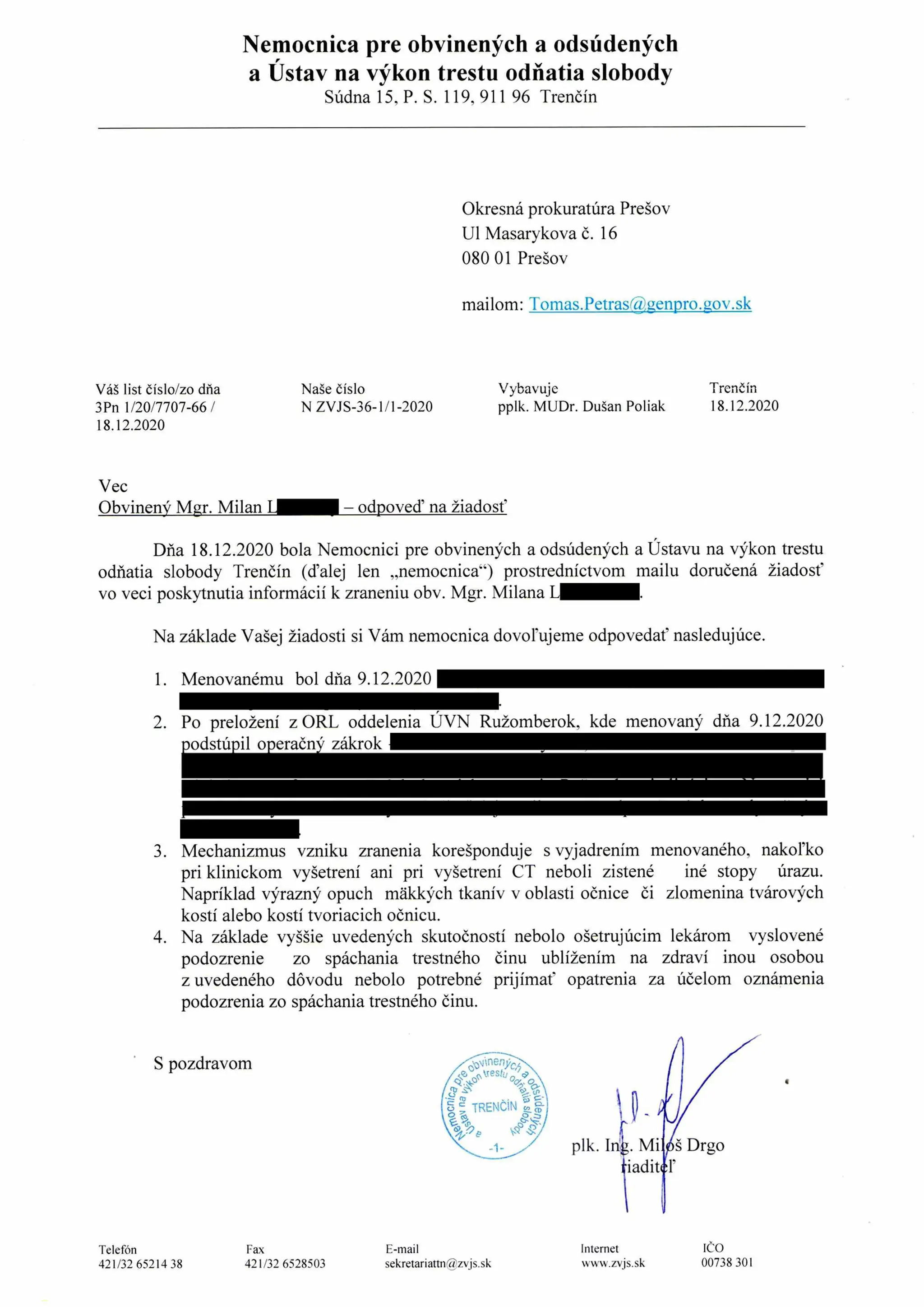 Odpoveď na žiadosť ohľadne Milana Lučanského.