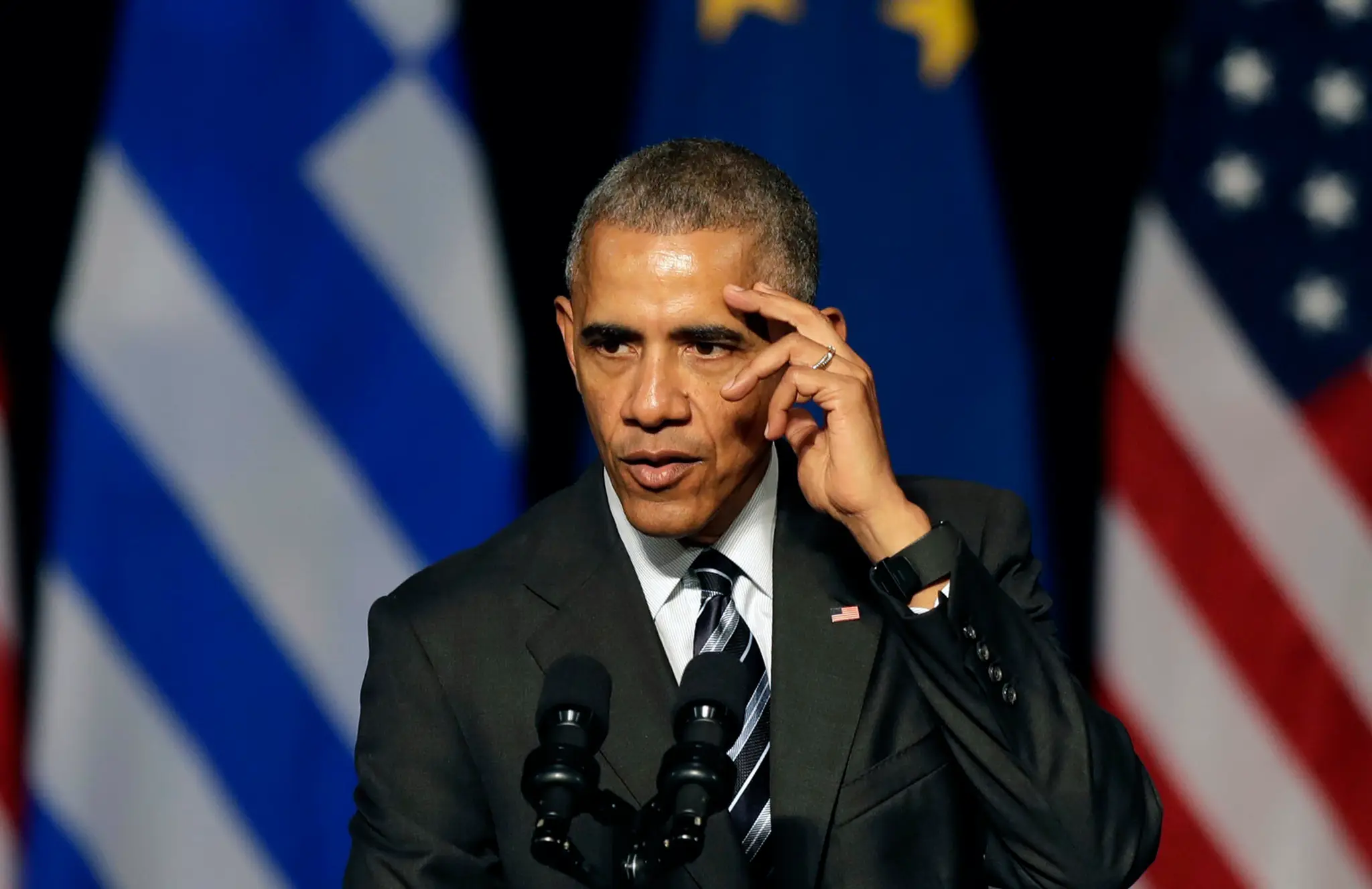 Americký prezident Barack Obama počas prejavu v novej opere v Aténach.