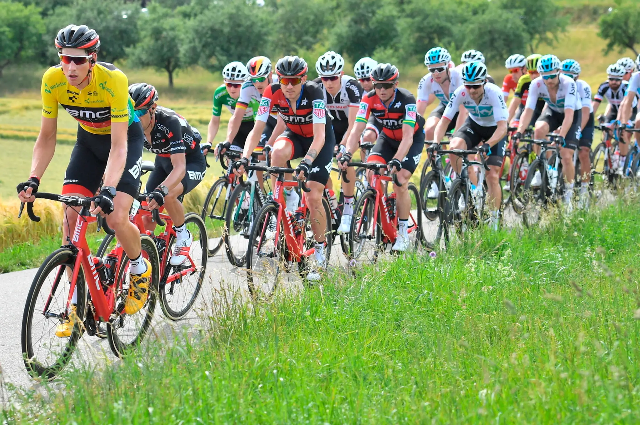 Cyklisti počas pretekov Okolo Švajčiarska.