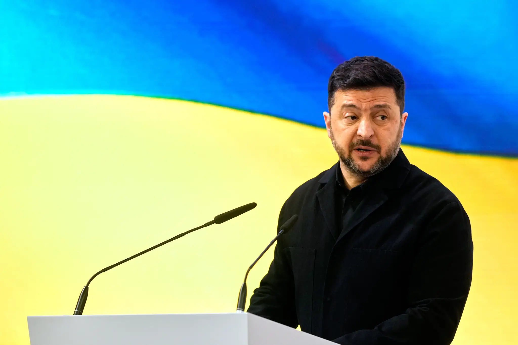 Ukrajinský prezident Volodymyr Zelenskyj počas jeho prejavu na Mníchovskej bezpečnostnej konferencii.