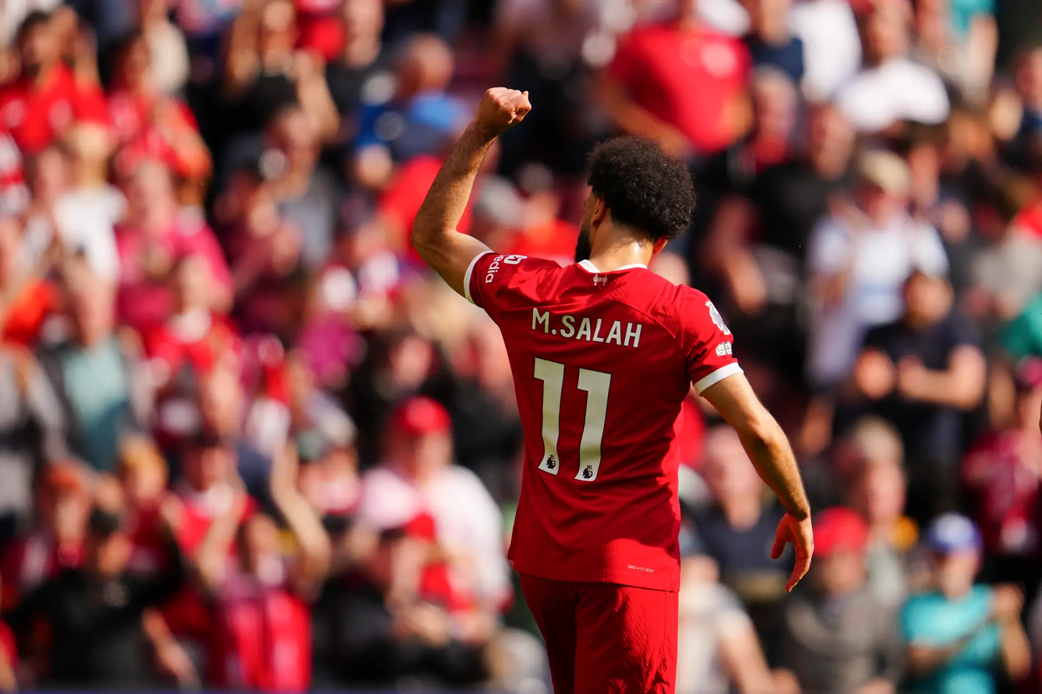 Futbalista Liverpoolu Mohamed Salah sa teší po strelení gólu.