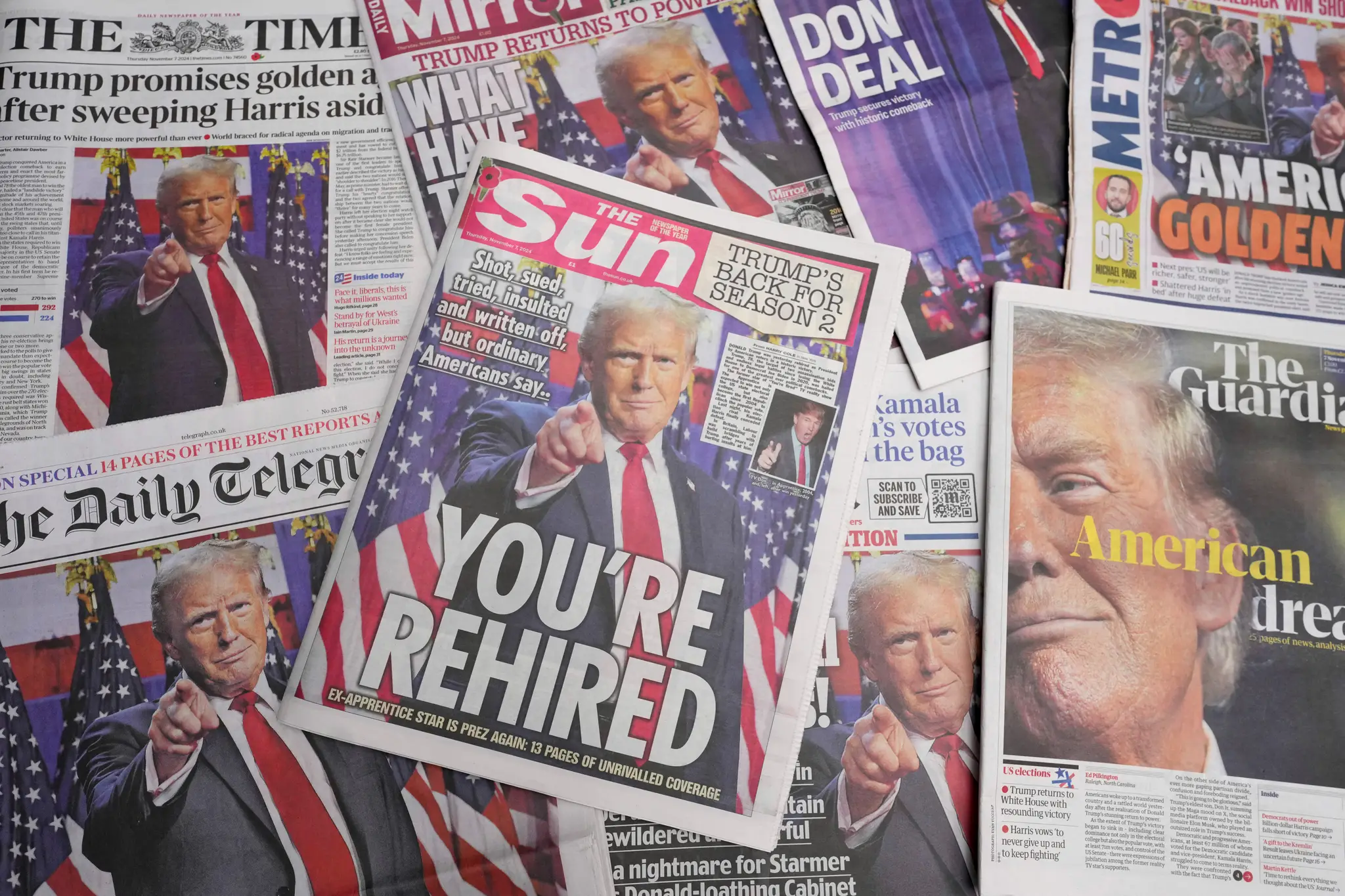 Na snímke titulné strany novín k víťazstvu Donalda Trumpa v amerických prezidentských voľbách v Londýne.
