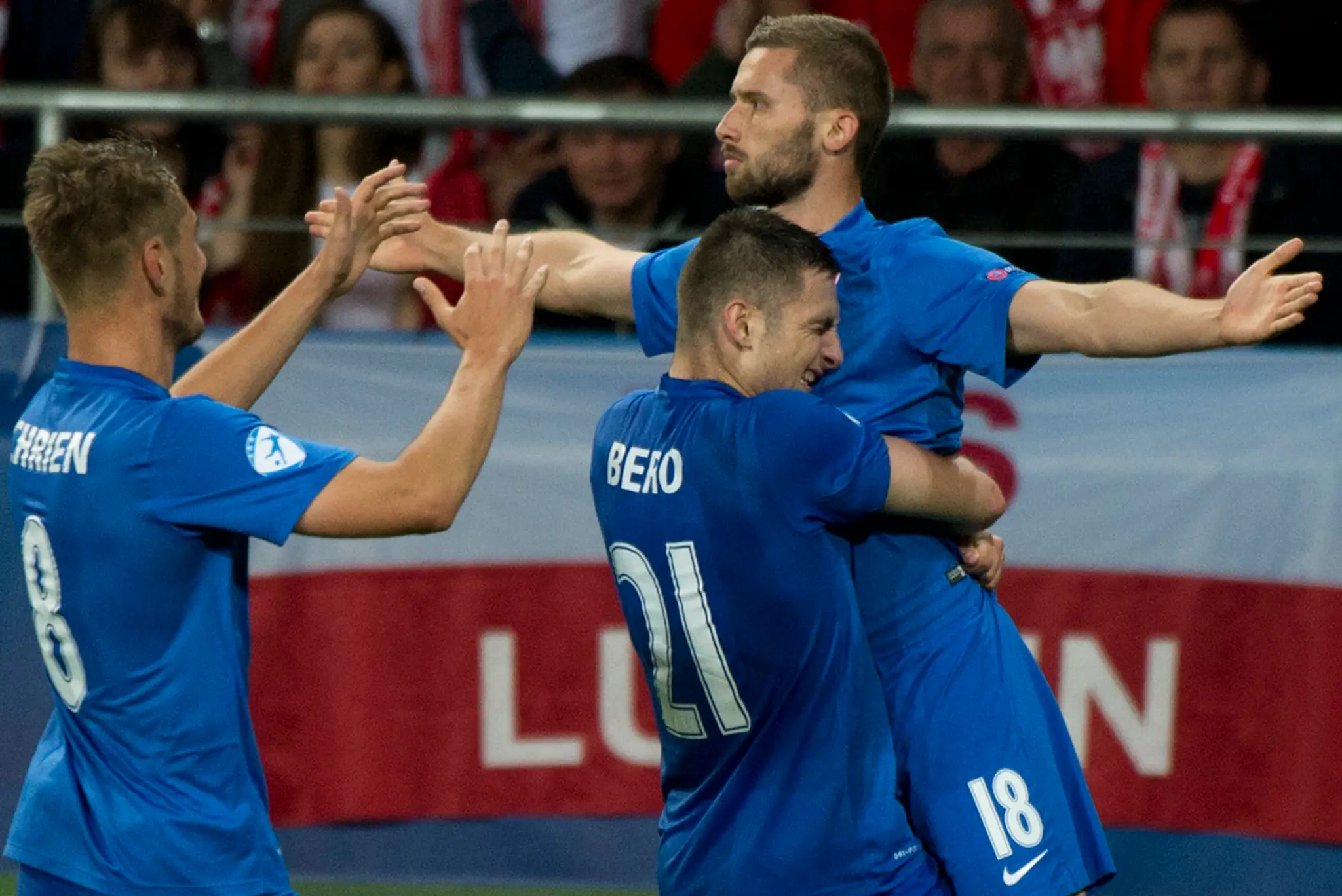 Na snímke gólová radosť, sprava strelec gólu na 2:1 Pavol Šafranko, Matúš Bero a Martin Chrien.