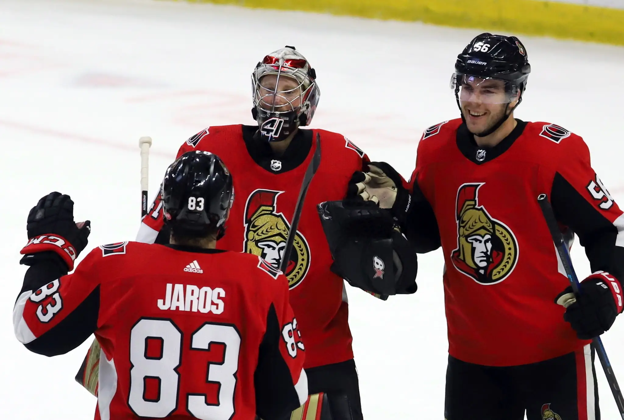 Zľava hráči Ottawy Christián Jaroš, Craig Anderson a Magnus Pääjärvi (archívna snímka)
